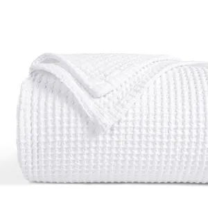 100% Cotton Waffle Weave Throw Blanket 50" X 60"- 405Gsm Washed Warm Soft Lightweight Breathable Blanket For Adults And Kids-Perfect Blanket Layer For Couch Bed Sofa-Elegant Home Decoration-White