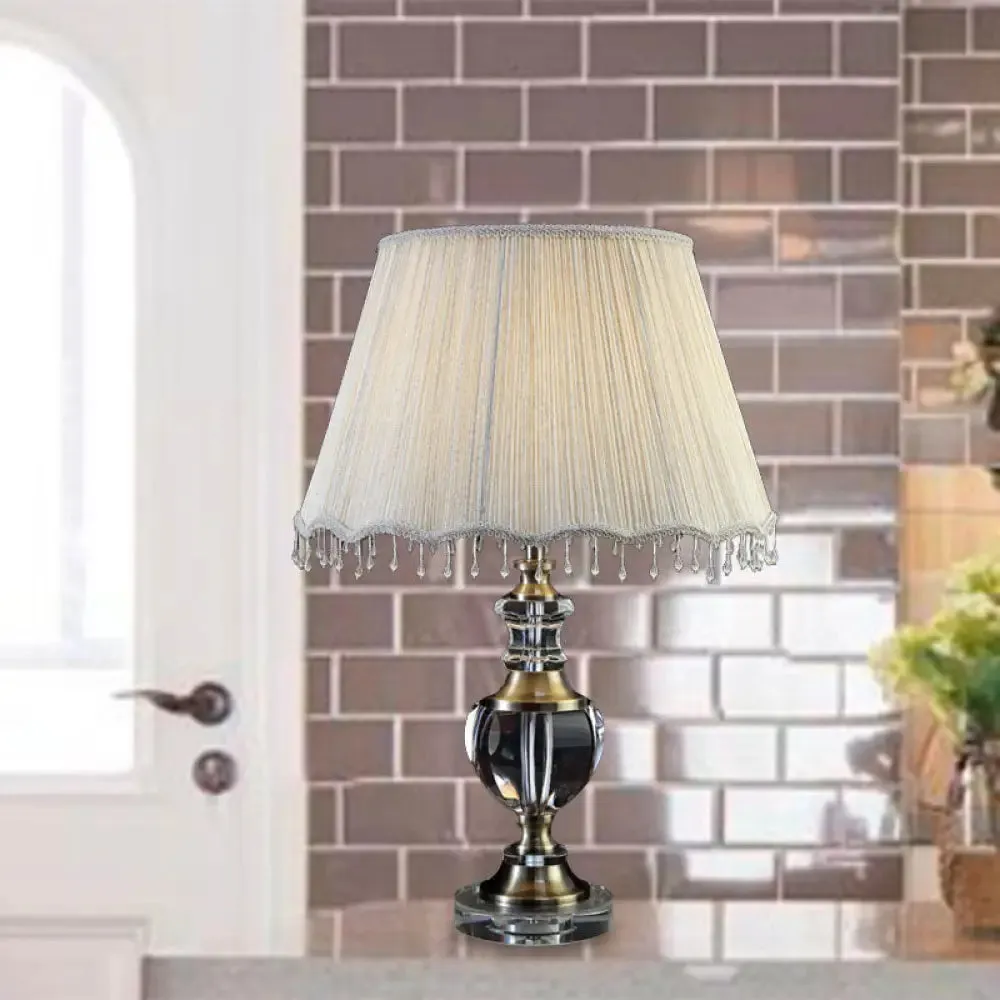 14"/16" Traditional Cream Gray Crystal Nightstand Lamp with Cone Fabric Shade - Bedroom Night Table Light, 1-Light