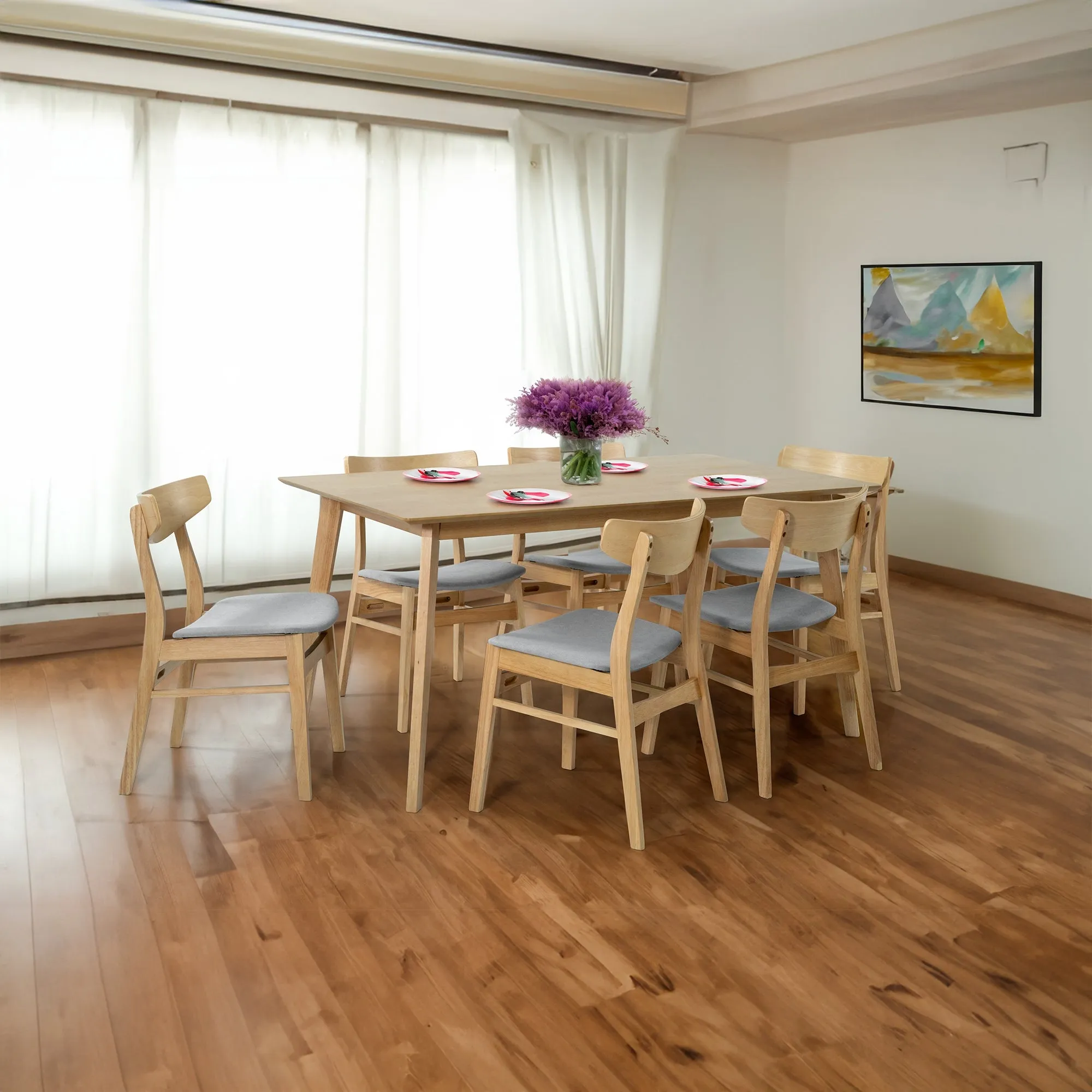 150cm 7pc Dining Set, MDF, Rubberwood, Fabric Seats, Scandinavian Style