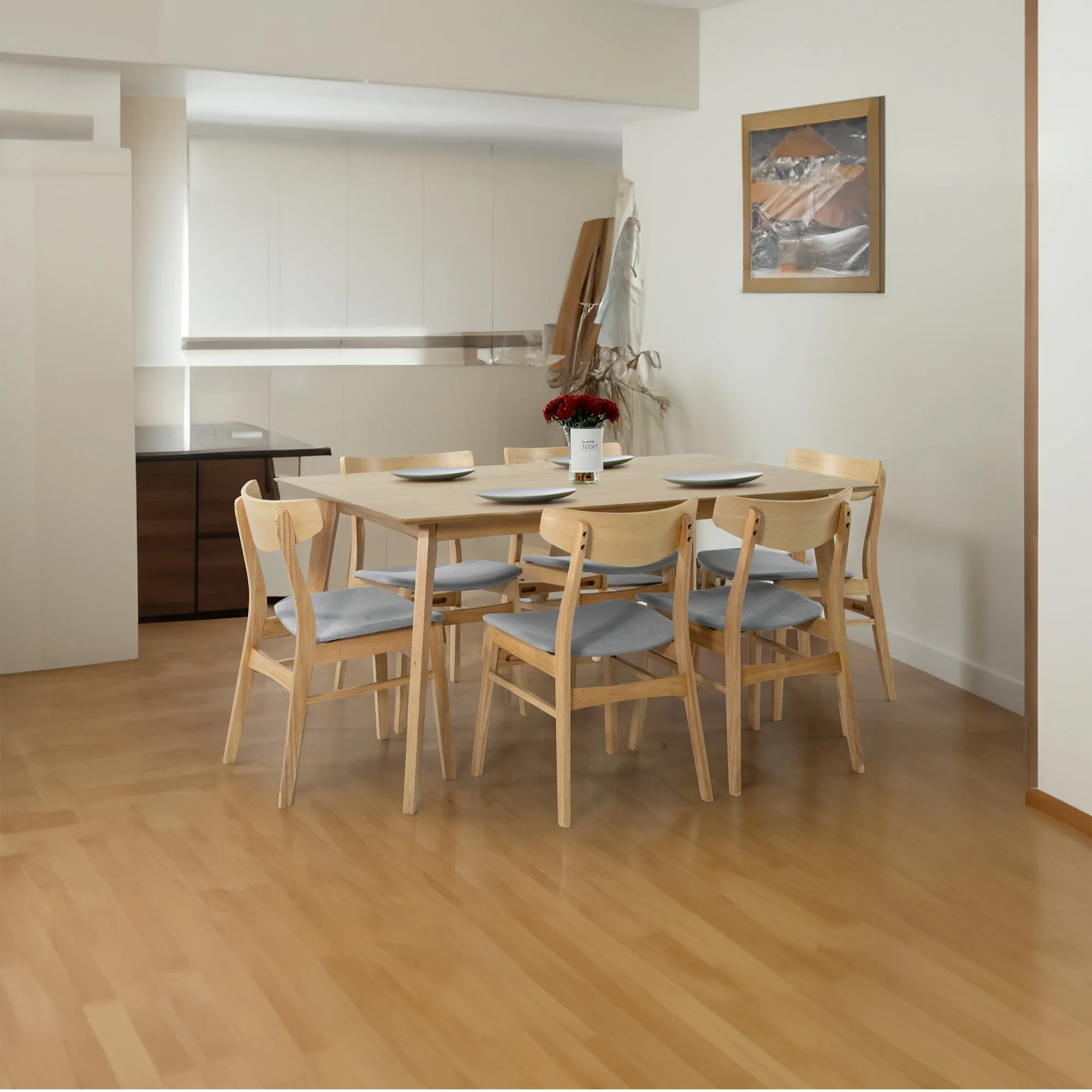 150cm 7pc Dining Set, MDF, Rubberwood, Fabric Seats, Scandinavian Style
