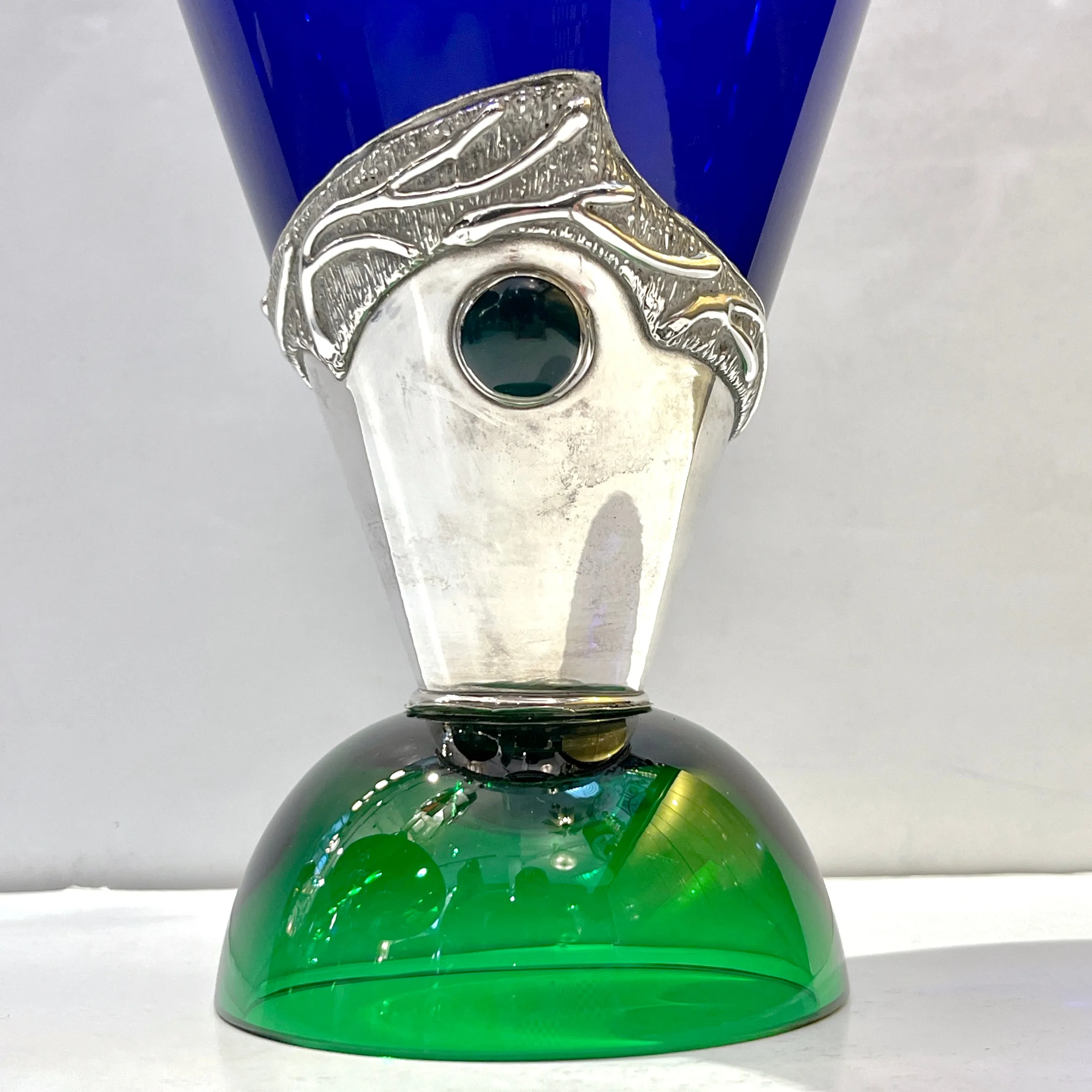 1980 Domar Israel Art Nouveau Style Green Cobalt Blue Glass Silver Bottle