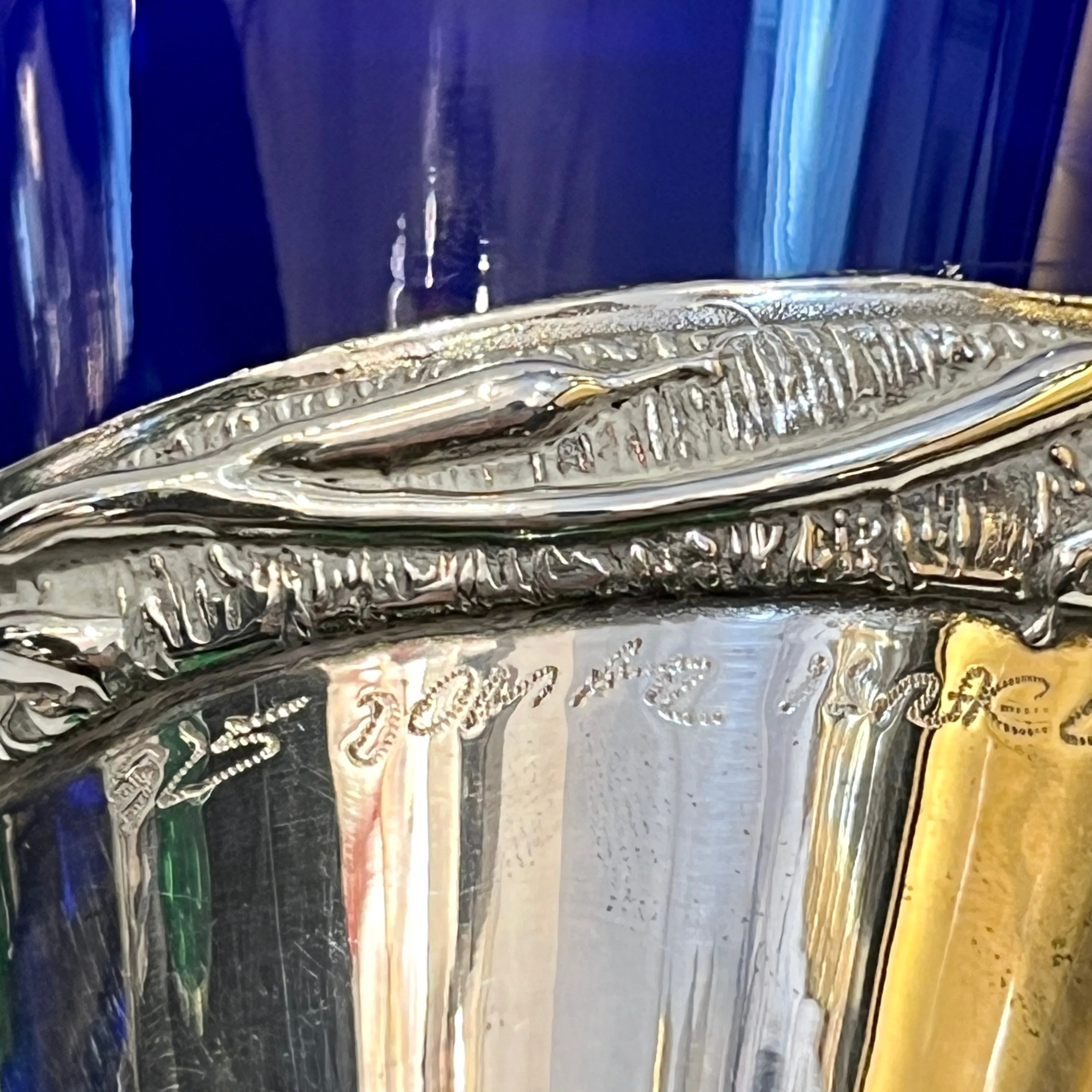 1980 Domar Israel Art Nouveau Style Green Cobalt Blue Glass Silver Bottle