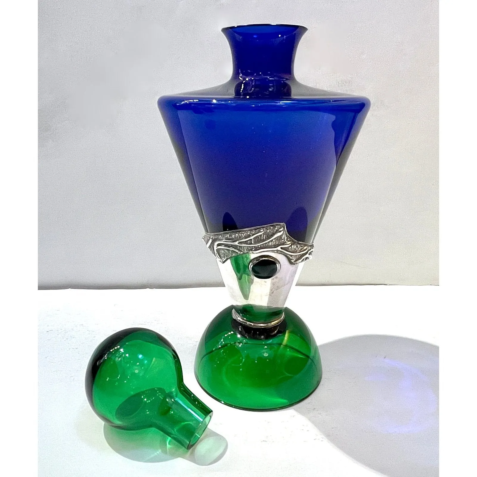 1980 Domar Israel Art Nouveau Style Green Cobalt Blue Glass Silver Bottle