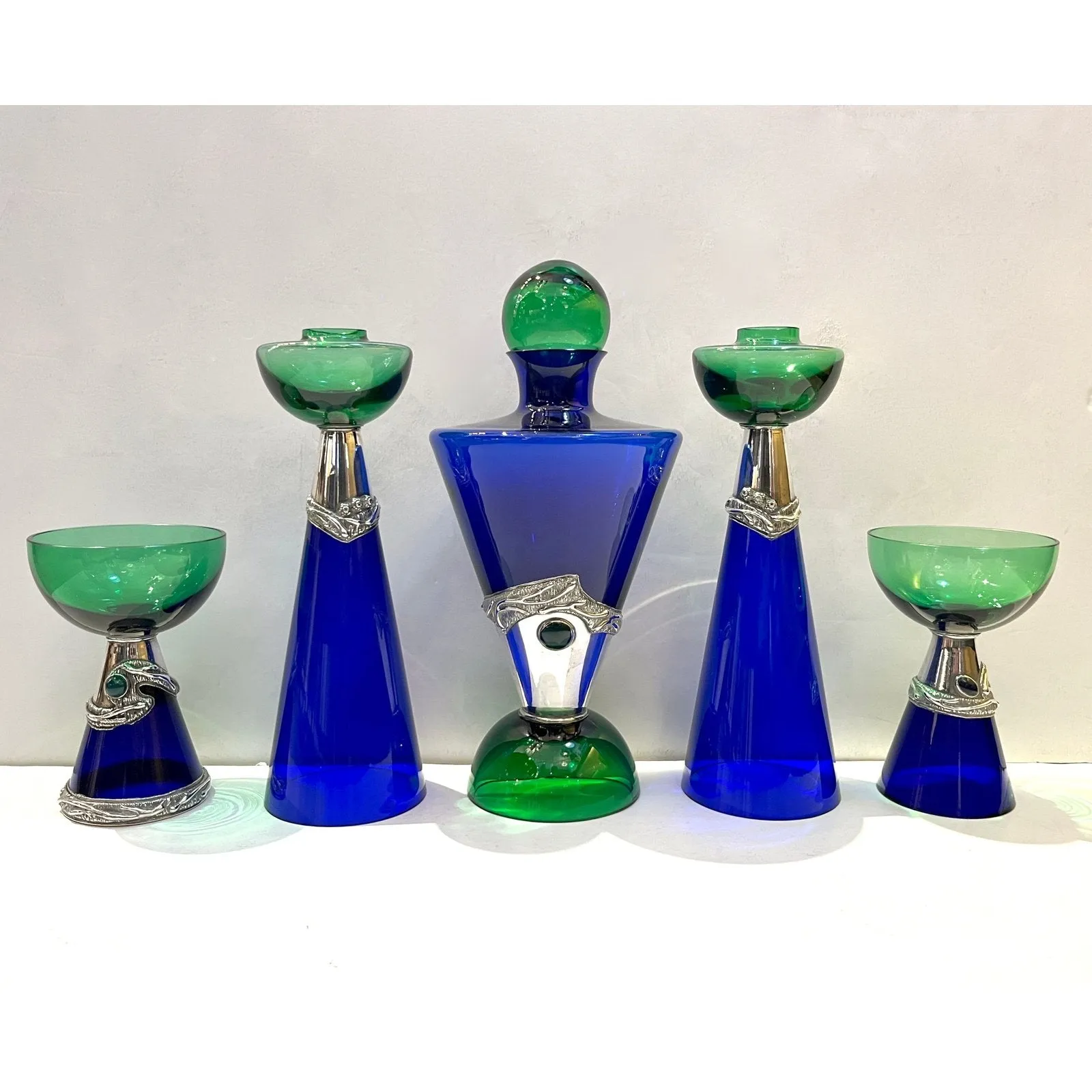 1980 Domar Israel Art Nouveau Style Green Cobalt Blue Glass Silver Bottle