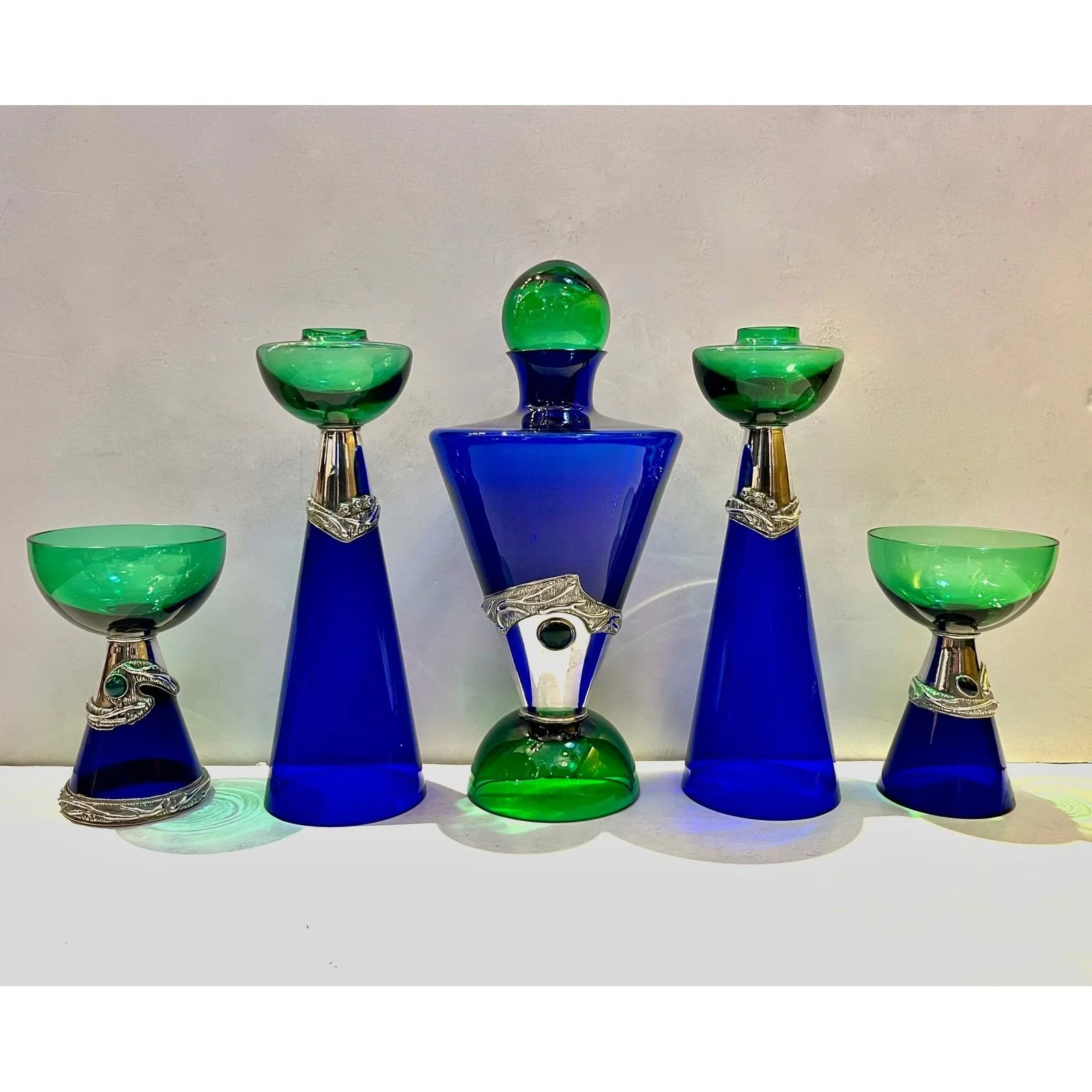 1980 Domar Israel Art Nouveau Style Green Cobalt Blue Glass Silver Candleholders