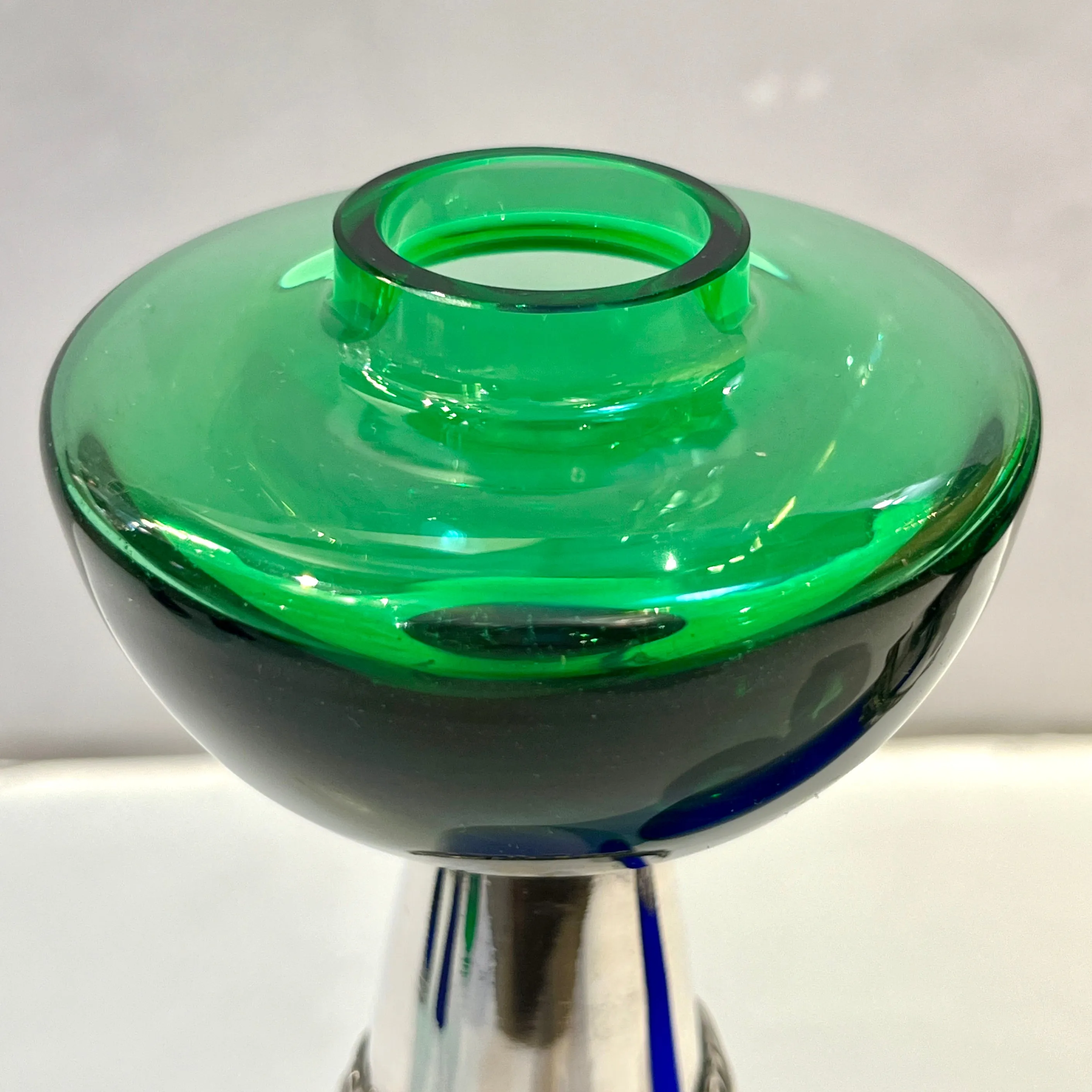 1980 Domar Israel Art Nouveau Style Green Cobalt Blue Glass Silver Candleholders