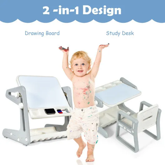 2 in 1 Kids Easel Table and Chair Set  with Adjustable Art Painting Board