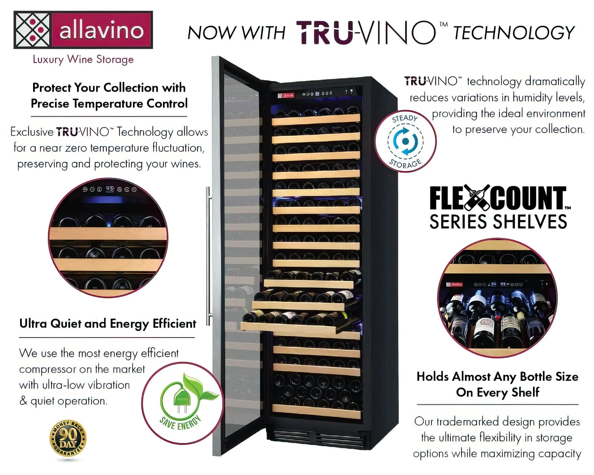 24" Wide FlexCount Classic II Tru-Vino 174 Bottle Single Zone Stainless Steel Left Hinge Wine Refrigerator