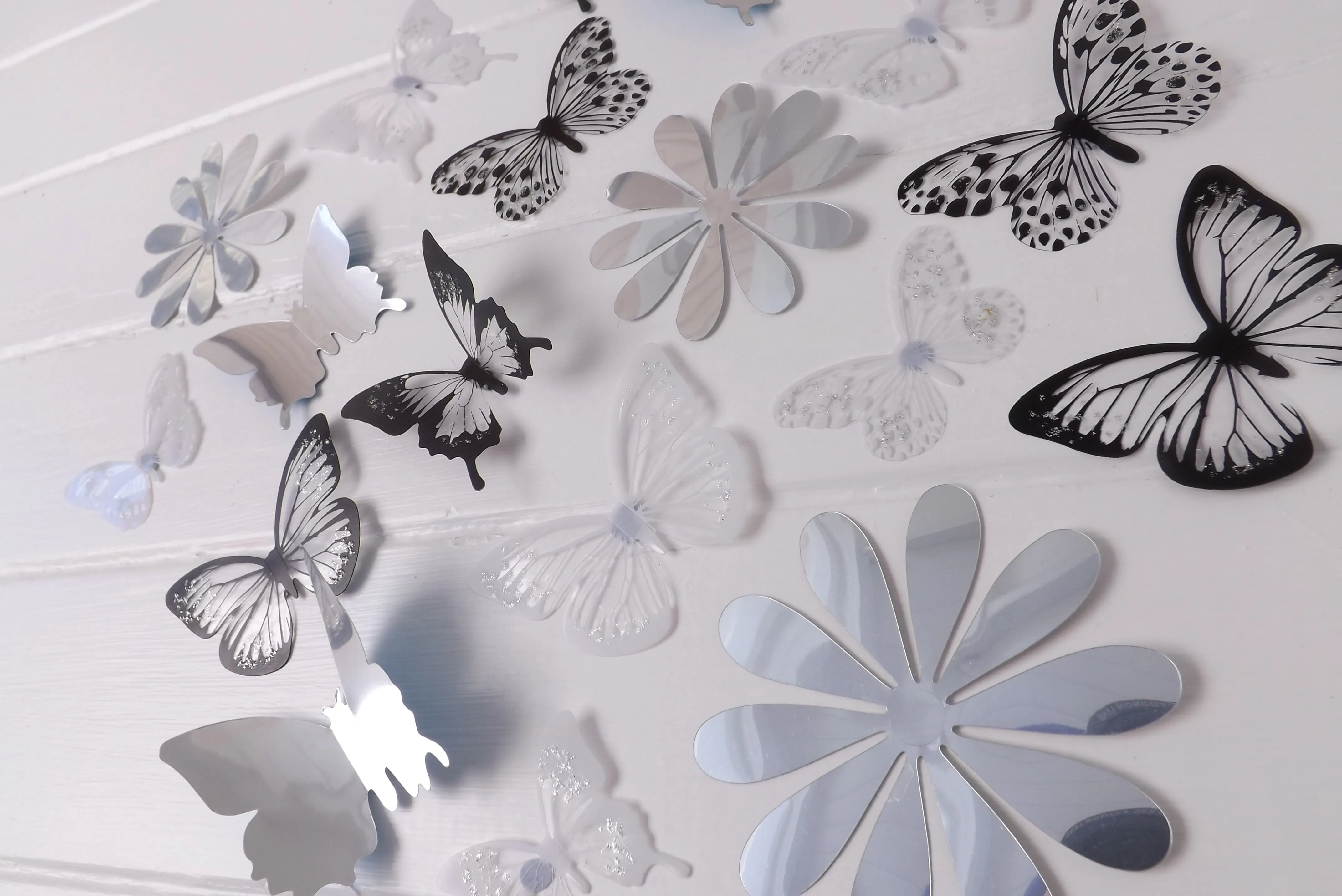 24x Black, White & Reflective Mirror Style Butterfly & Flower 3D Wall Decals
