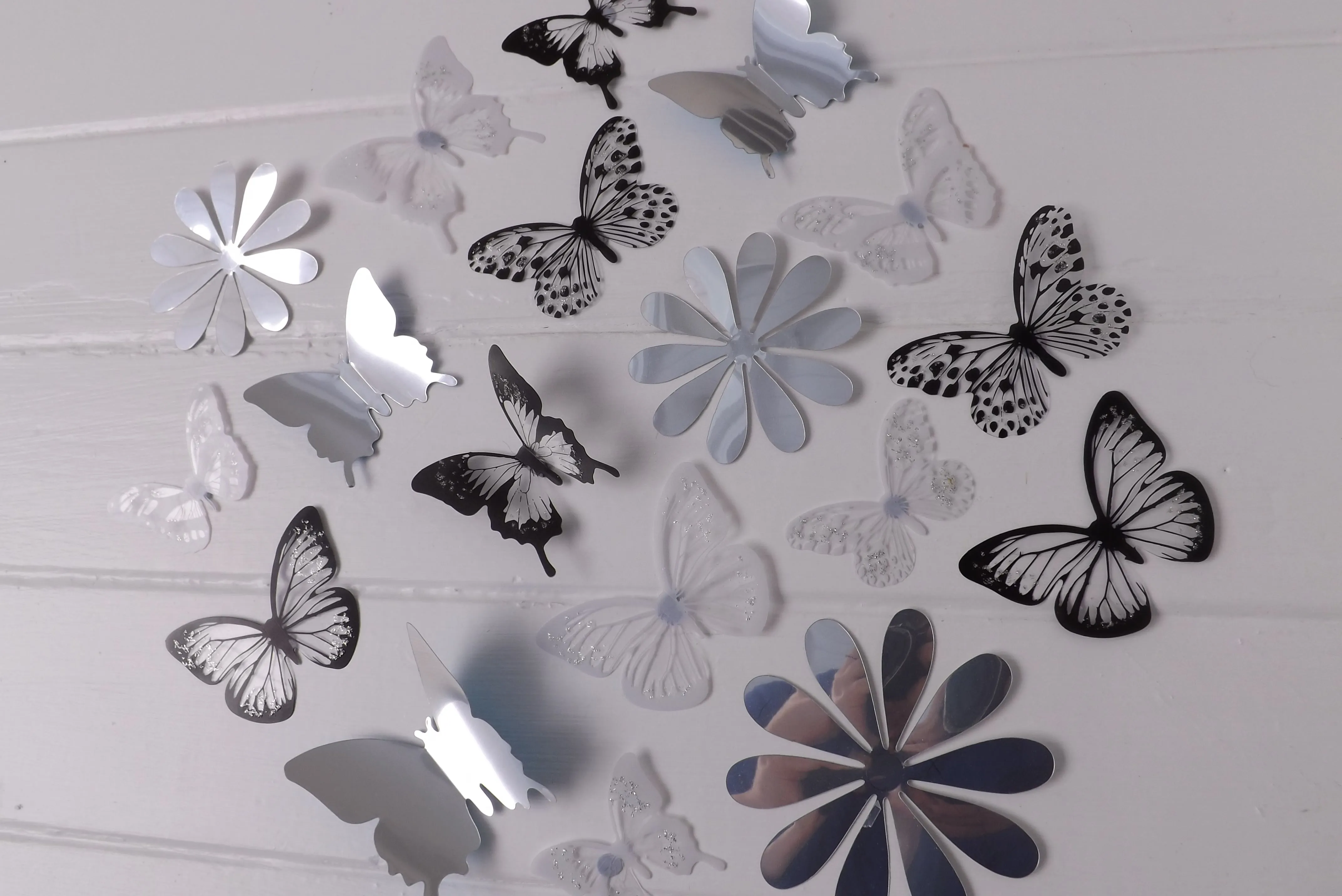 24x Black, White & Reflective Mirror Style Butterfly & Flower 3D Wall Decals