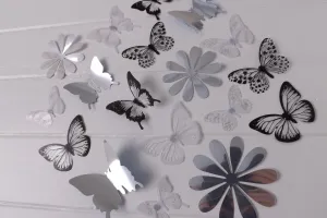 24x Black, White & Reflective Mirror Style Butterfly & Flower 3D Wall Decals