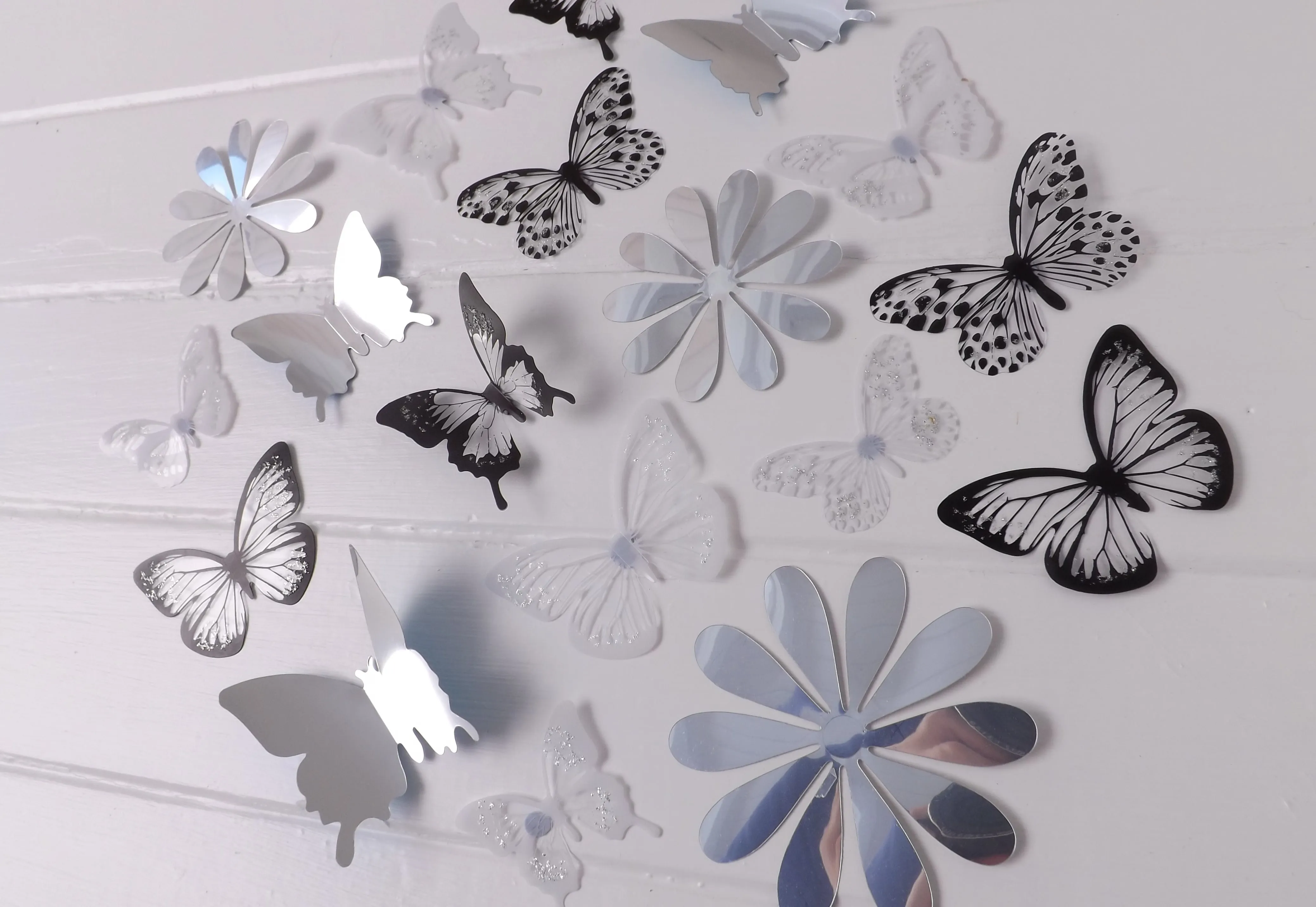 24x Black, White & Reflective Mirror Style Butterfly & Flower 3D Wall Decals