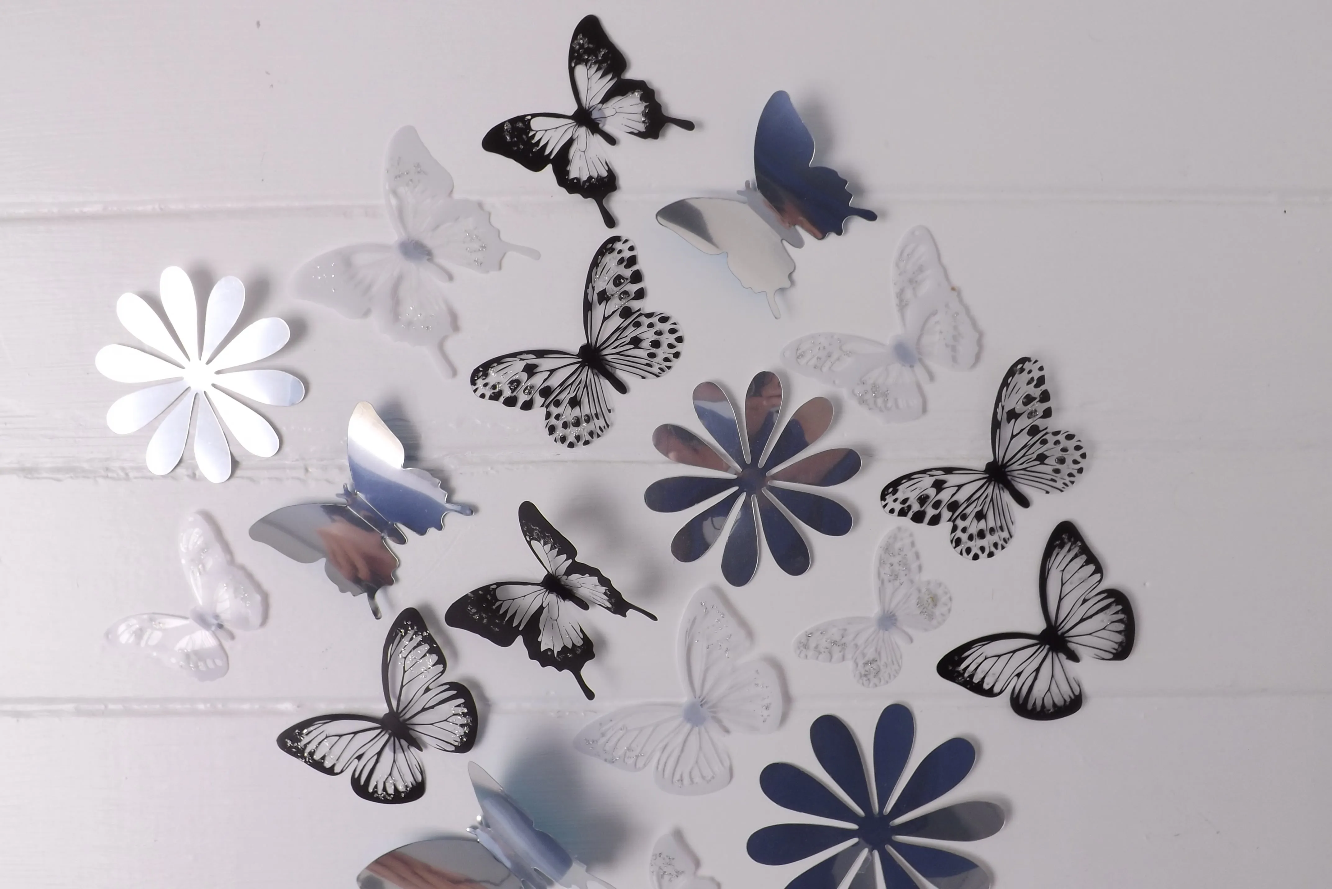 24x Black, White & Reflective Mirror Style Butterfly & Flower 3D Wall Decals