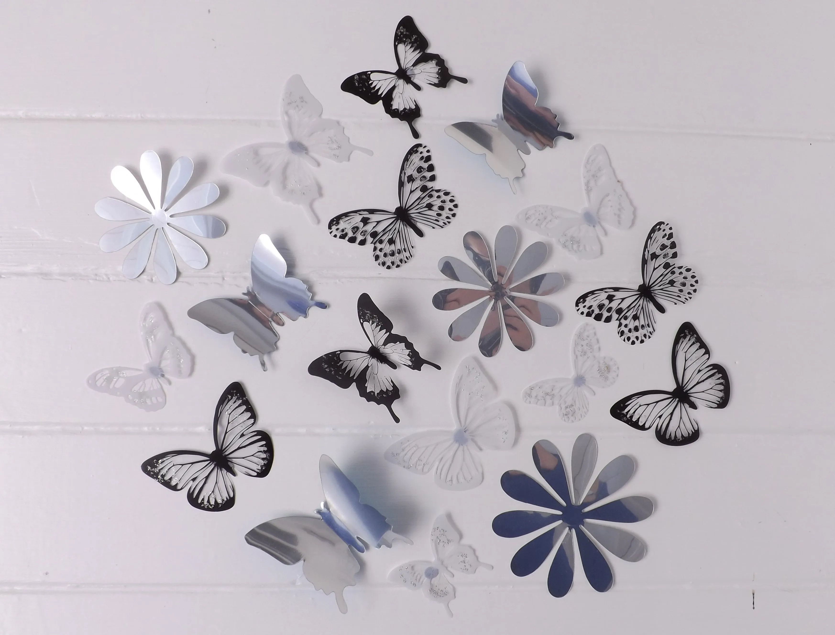 24x Black, White & Reflective Mirror Style Butterfly & Flower 3D Wall Decals