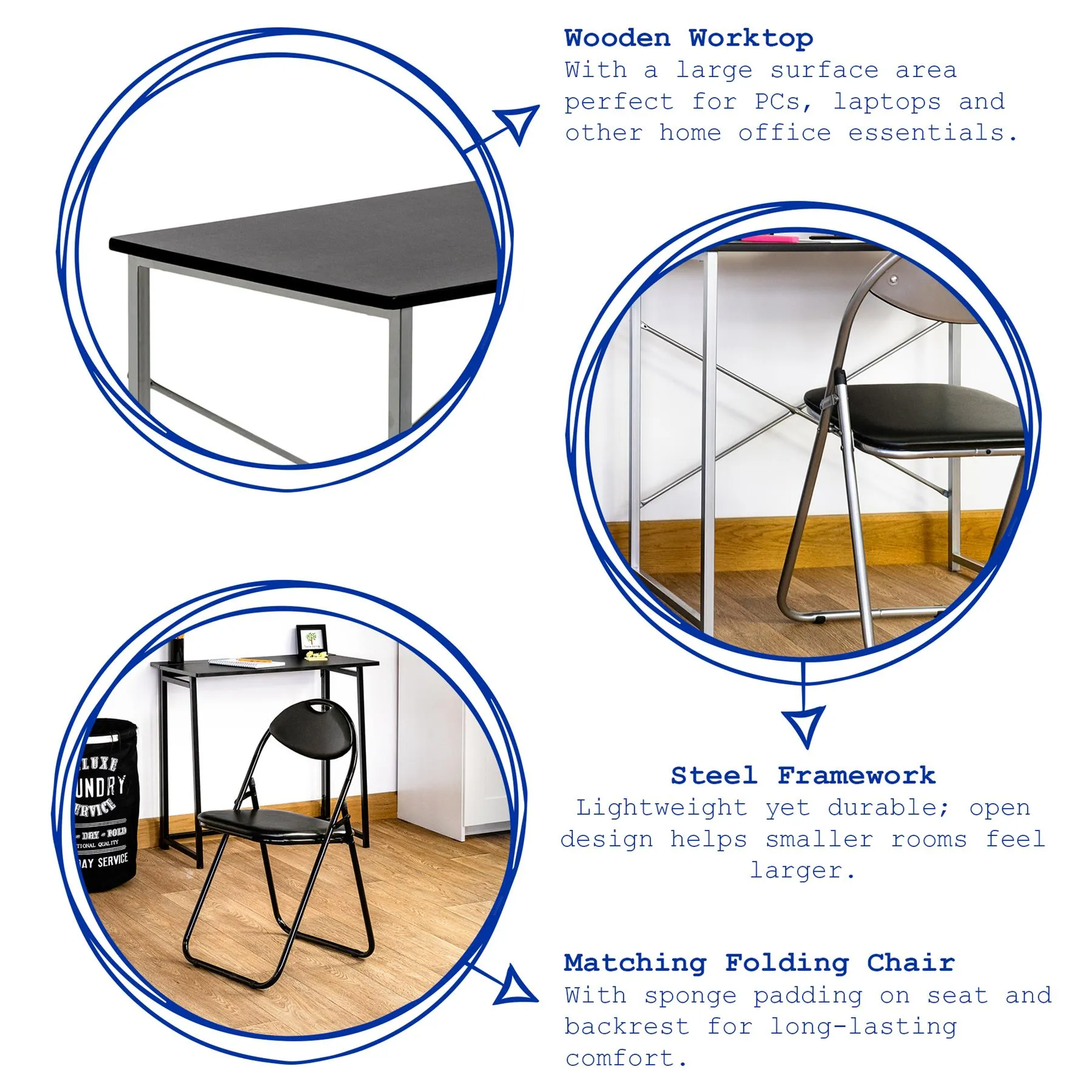 2pc Black Metal Industrial Office Desk & Chair Set - By Harbour Housewares