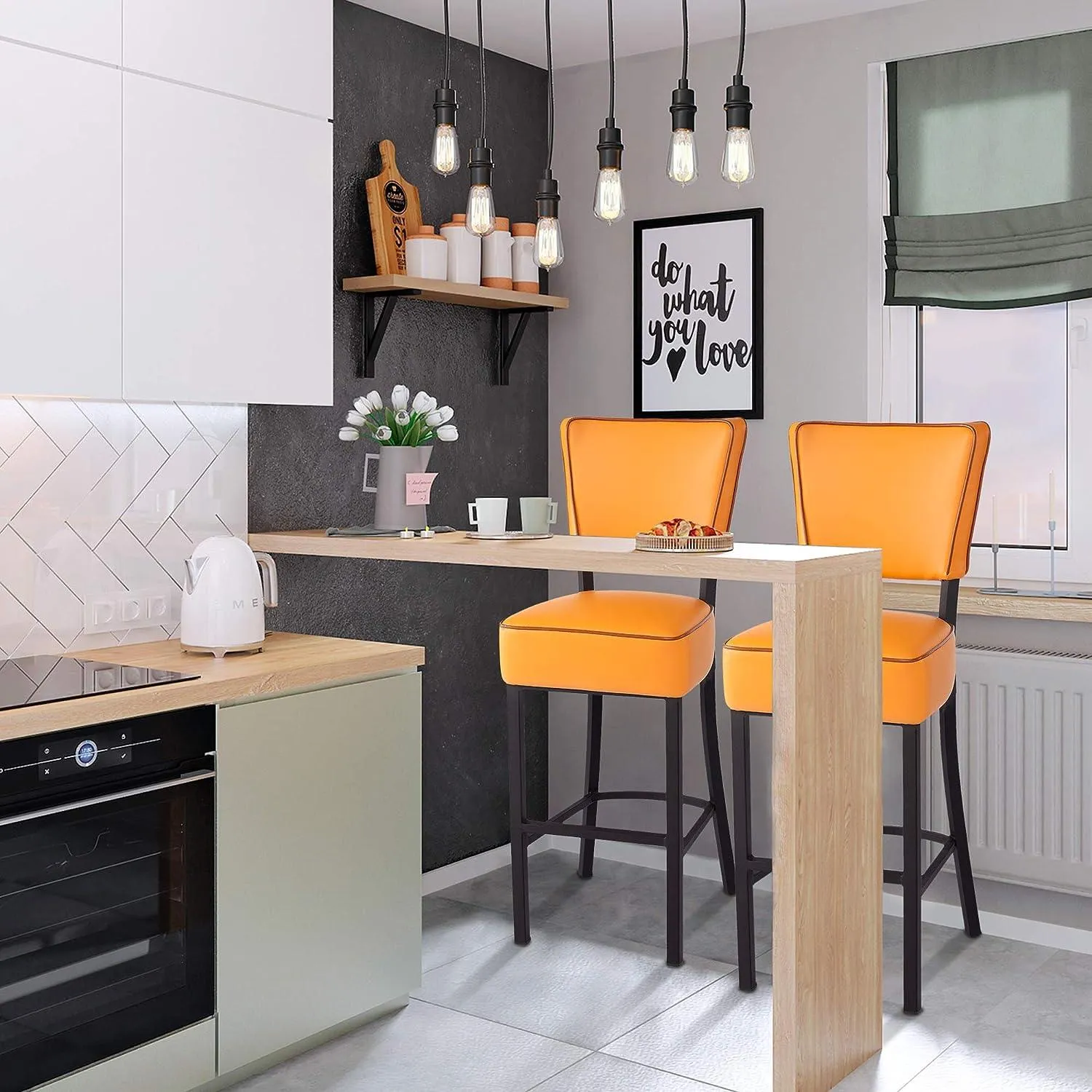 30" Upholstered Bar Stools Kitchen Chairs Counter Pub Leather Dining Chairs, Orange
