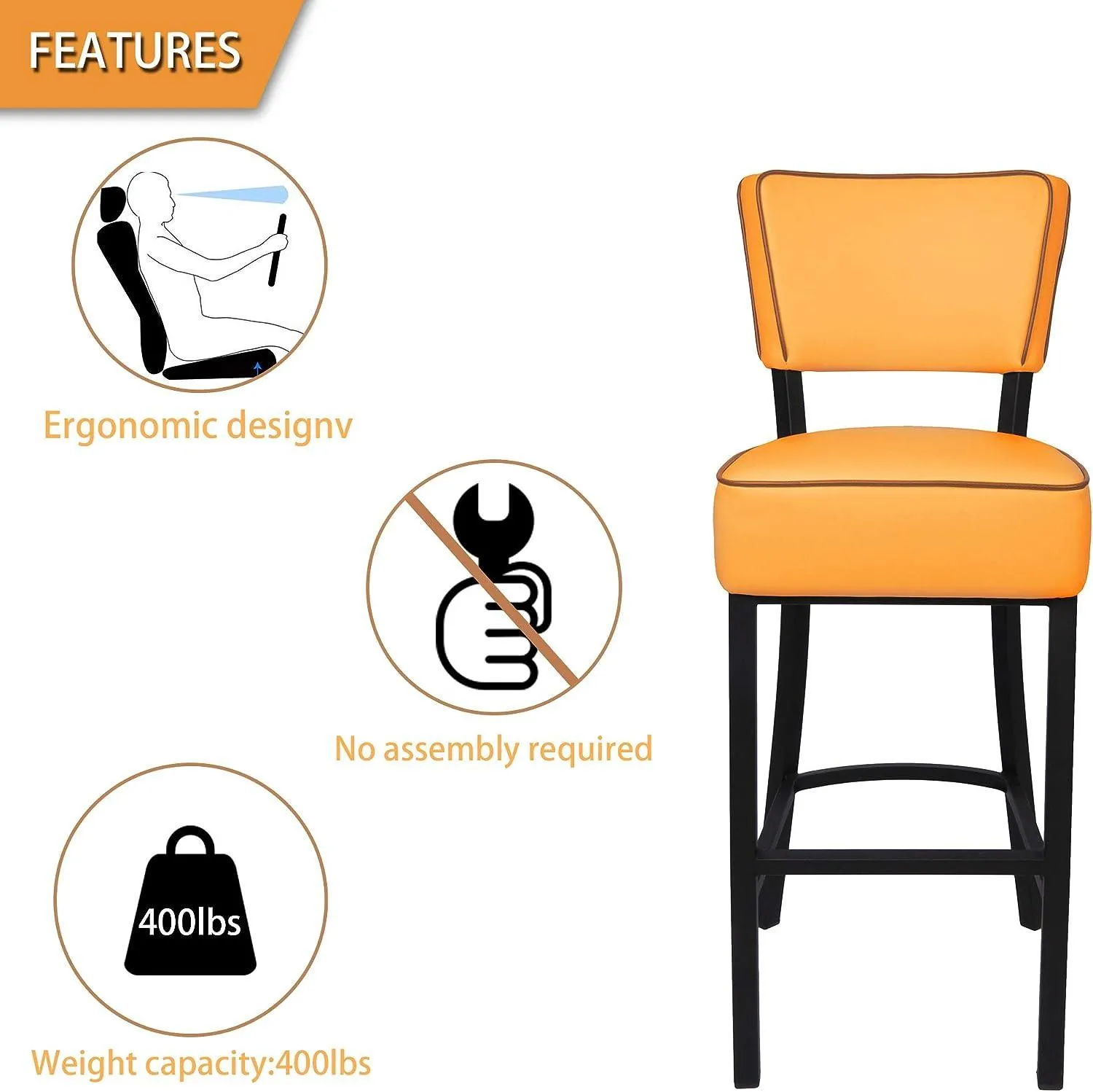 30" Upholstered Bar Stools Kitchen Chairs Counter Pub Leather Dining Chairs, Orange