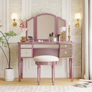 43" Dressing Table Set with Mirrored Drawers and Stool, Tri-fold Mirror, Makeup Vanity Set for Bedroom, Rose Gold