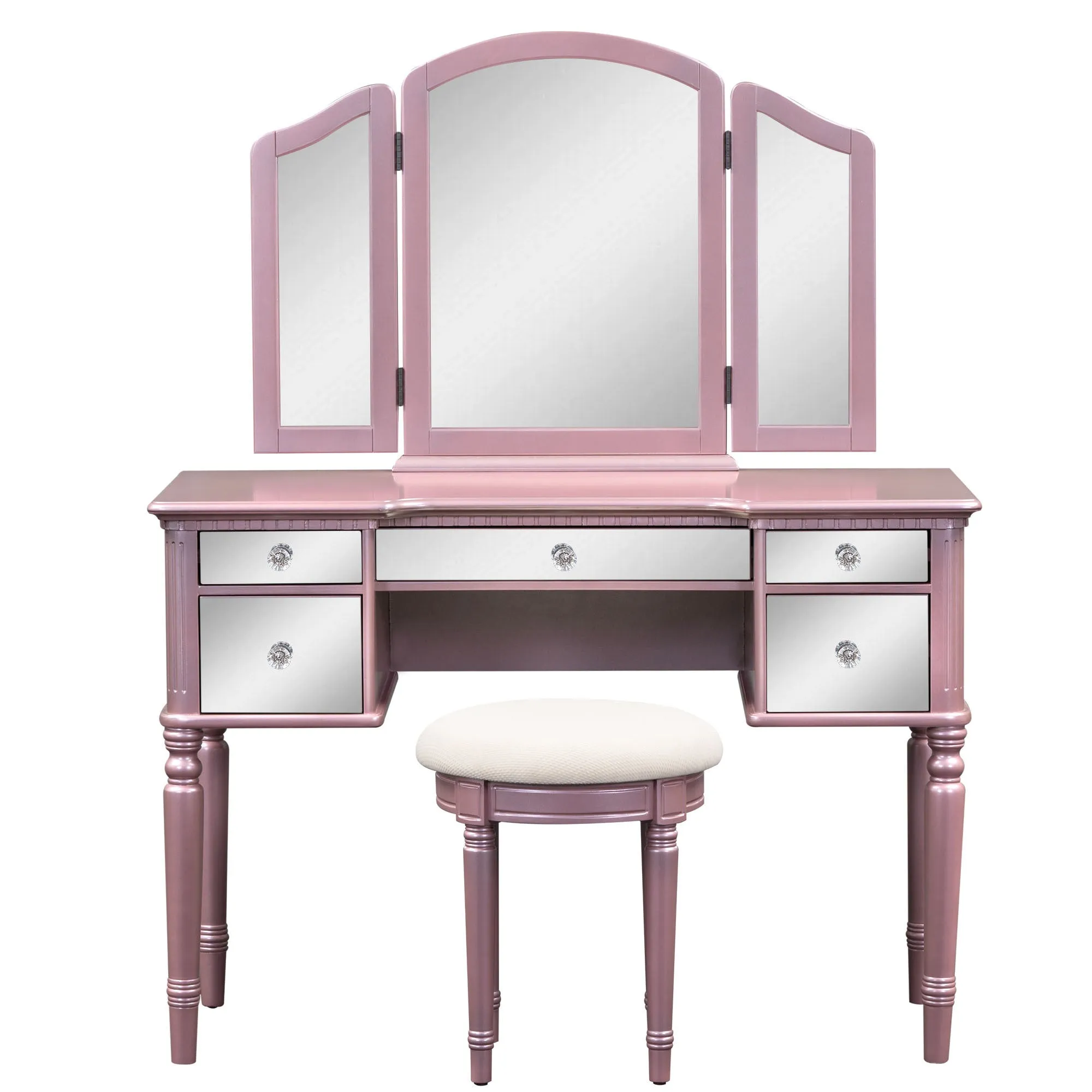 43" Dressing Table Set with Mirrored Drawers and Stool, Tri-fold Mirror, Makeup Vanity Set for Bedroom, Rose Gold