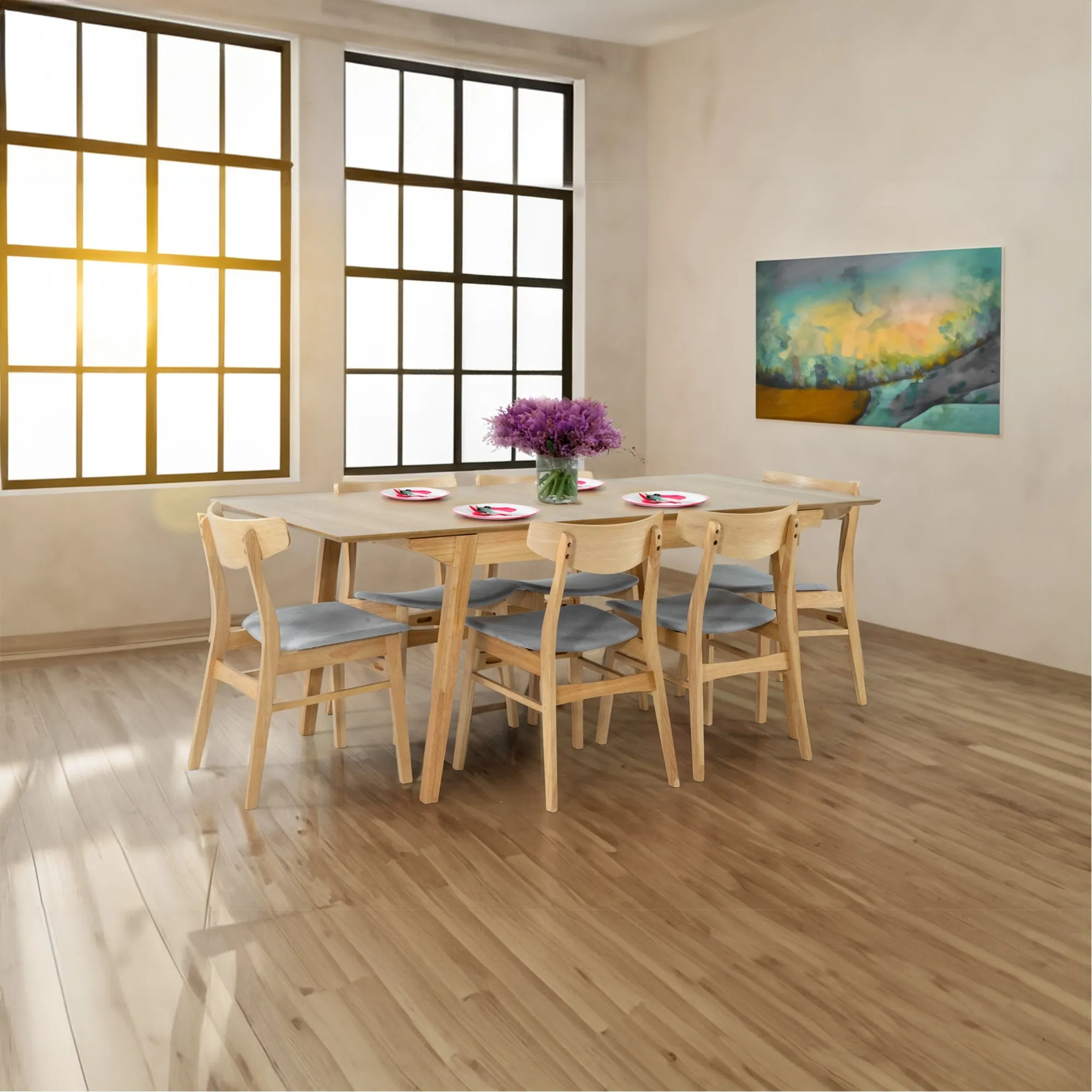 4pc Fabric Seat Rubberwood Dining Chairs, Scandinavian Style