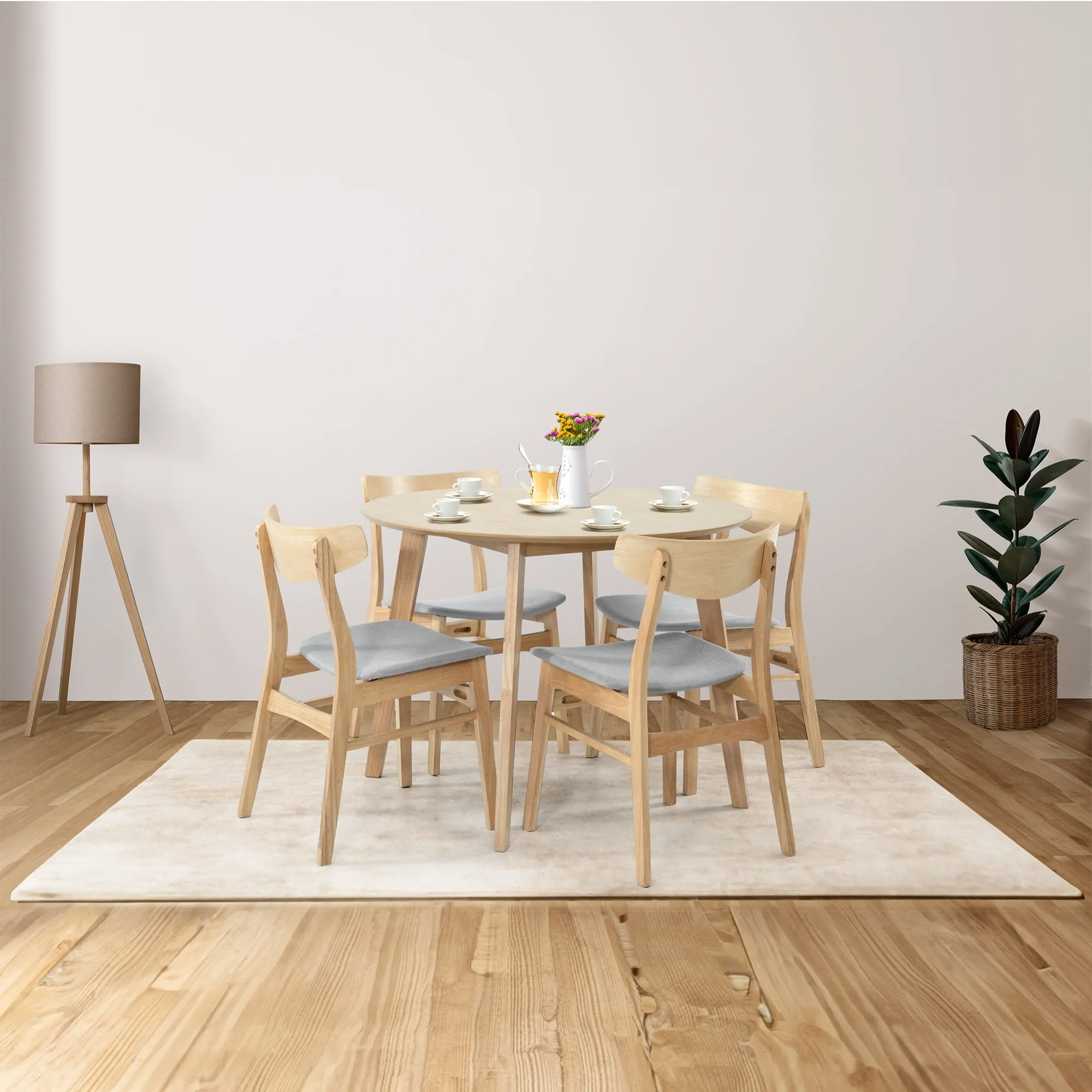 4pc Fabric Seat Rubberwood Dining Chairs, Scandinavian Style
