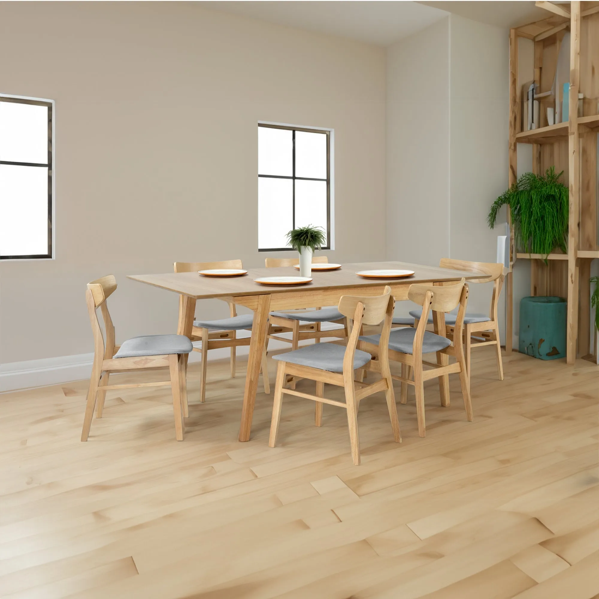 4pc Fabric Seat Rubberwood Dining Chairs, Scandinavian Style