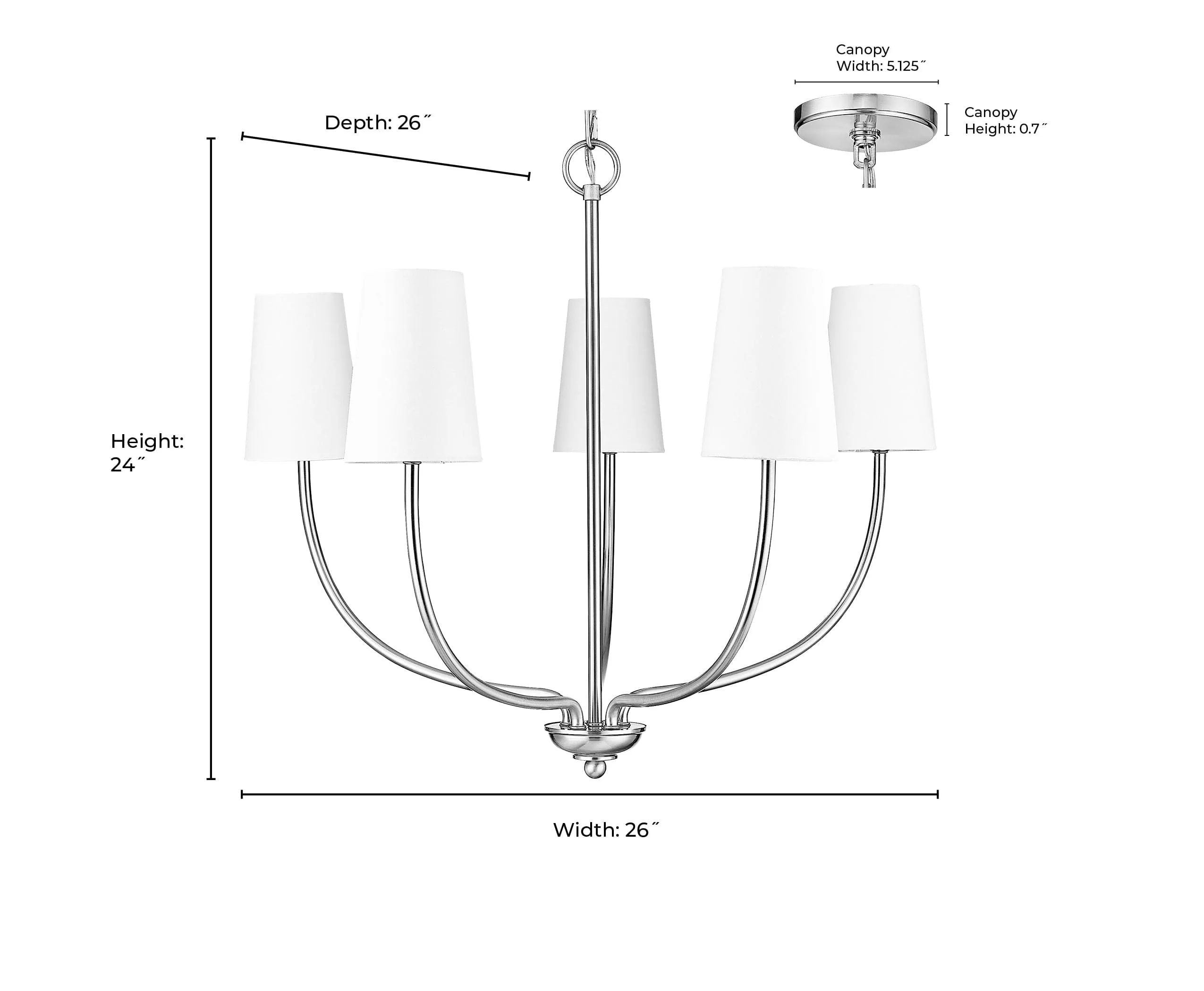 5 Lamps Kandor Chandelier - Vintage Brass - White Fabric Shade - 26in Diameter - E12 Candelabra Base