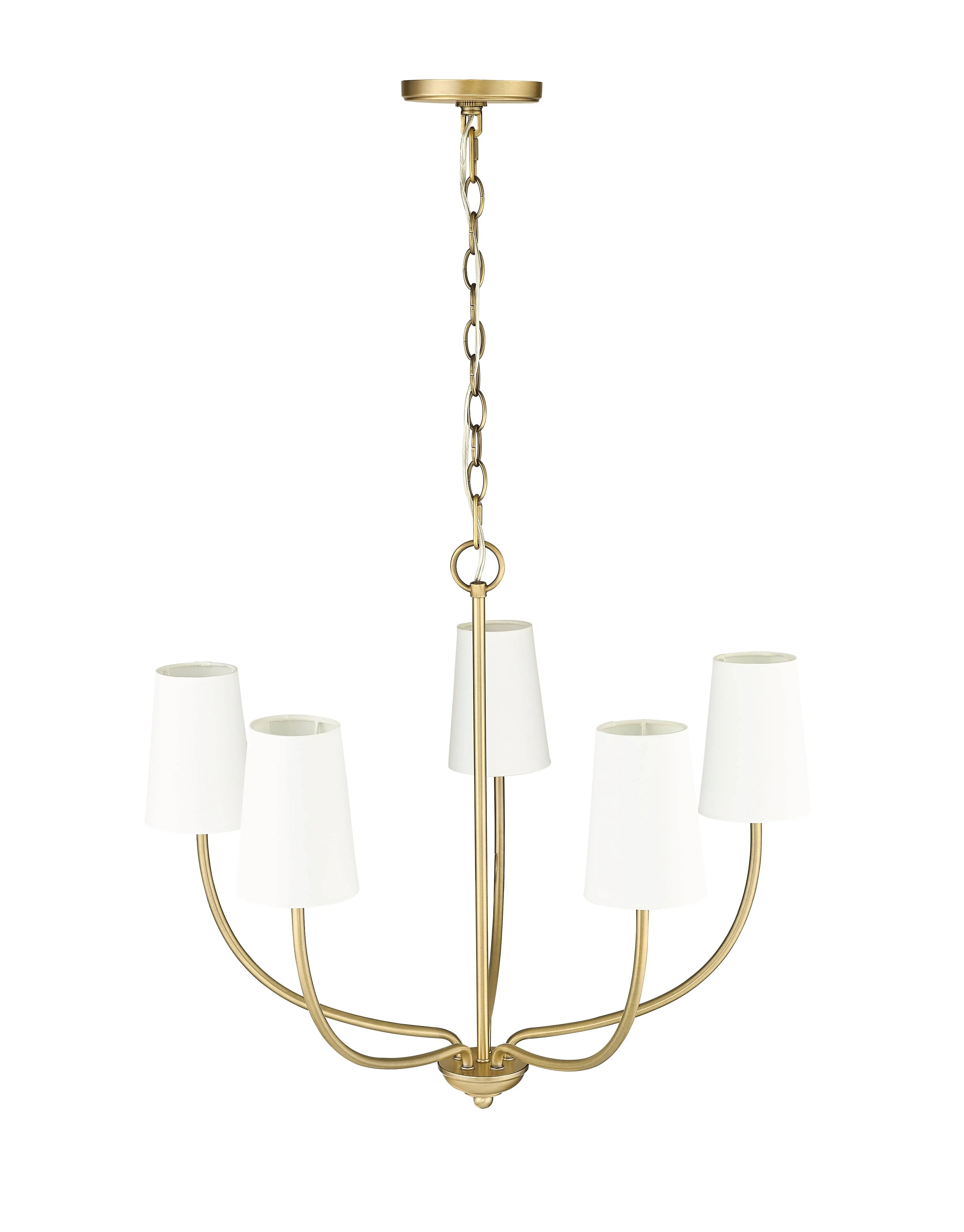 5 Lamps Kandor Chandelier - Vintage Brass - White Fabric Shade - 26in Diameter - E12 Candelabra Base