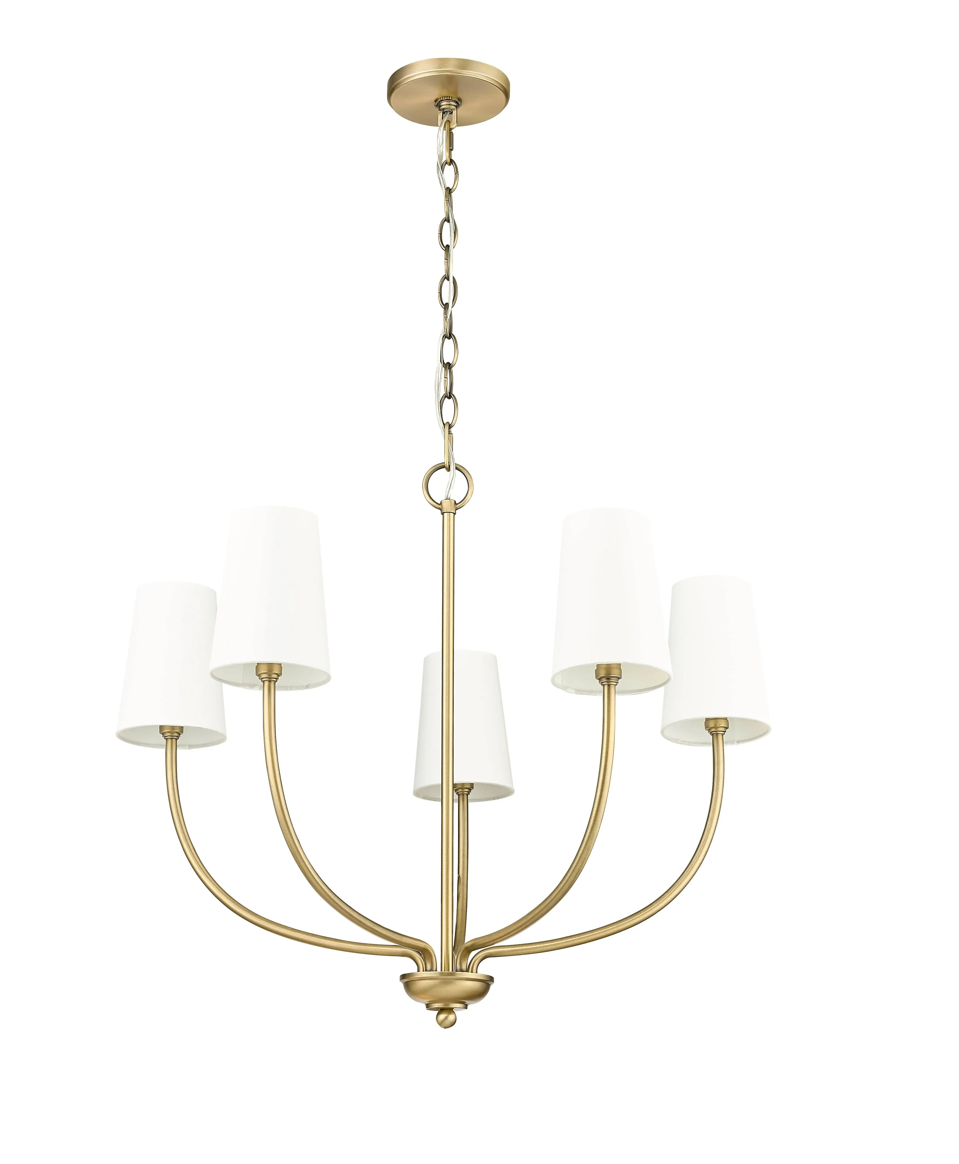 5 Lamps Kandor Chandelier - Vintage Brass - White Fabric Shade - 26in Diameter - E12 Candelabra Base
