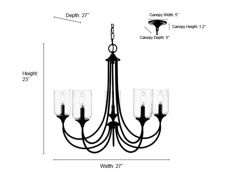 5 Lamps Waddingham Chandelier - Matte Black - 27in Diameter - E12 Candelabra Base