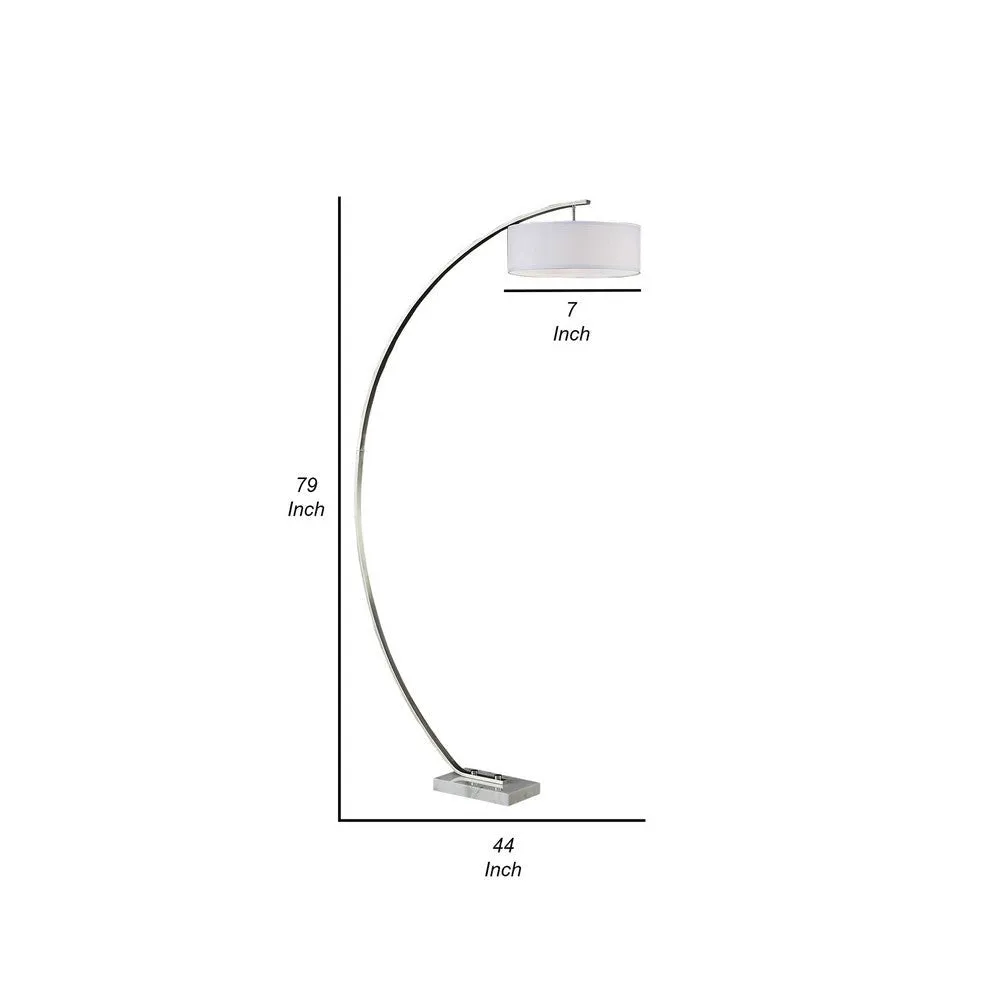 79 Inch Arc Floor Lamp, Metal Base, Fabric Drum Shape Shade, Silver   By Casagear Home