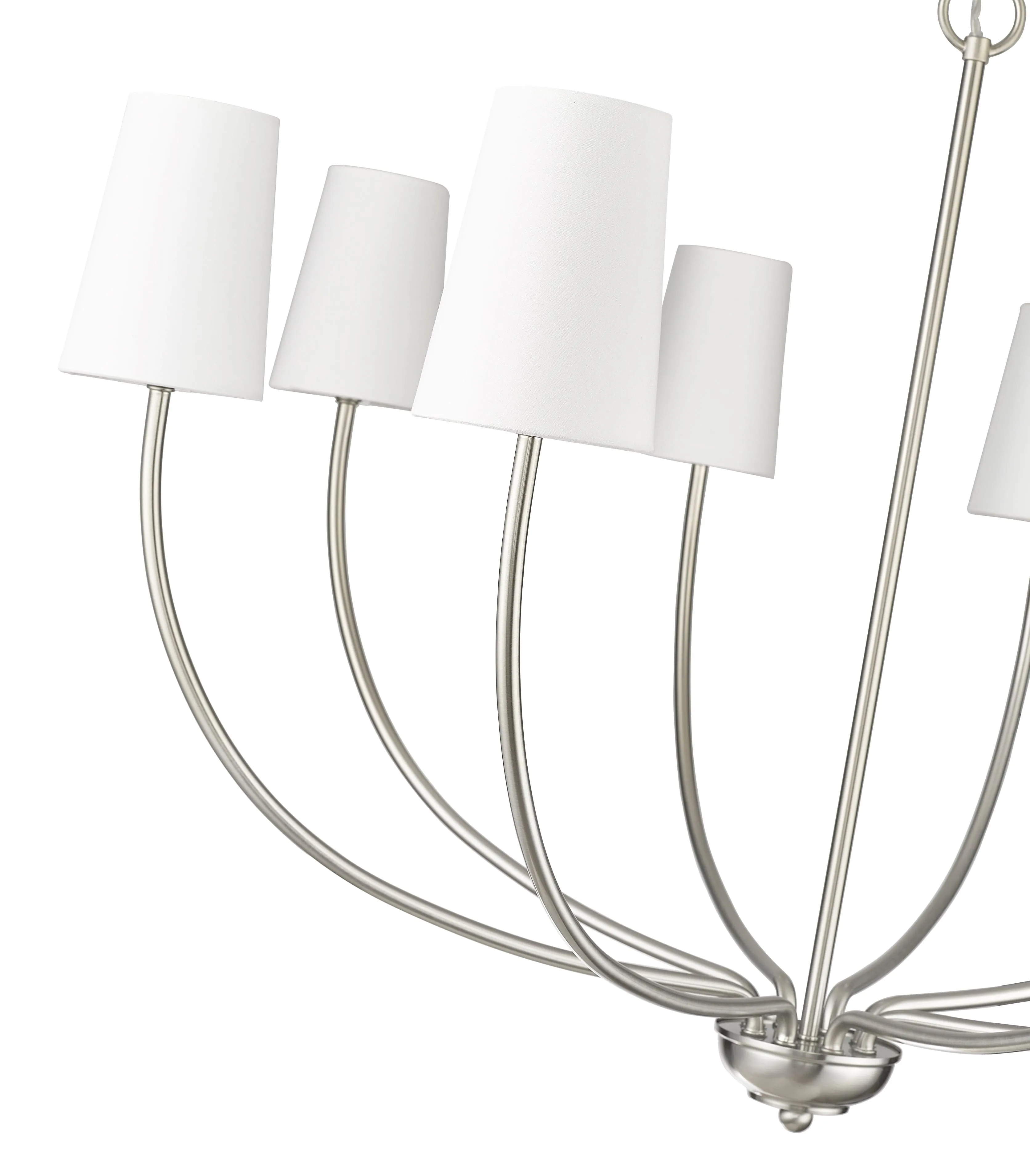 8 Lamps Kandor Chandelier - Brushed Nickel - White Fabric Shade - 38in Diameter - E12 Candelabra Base