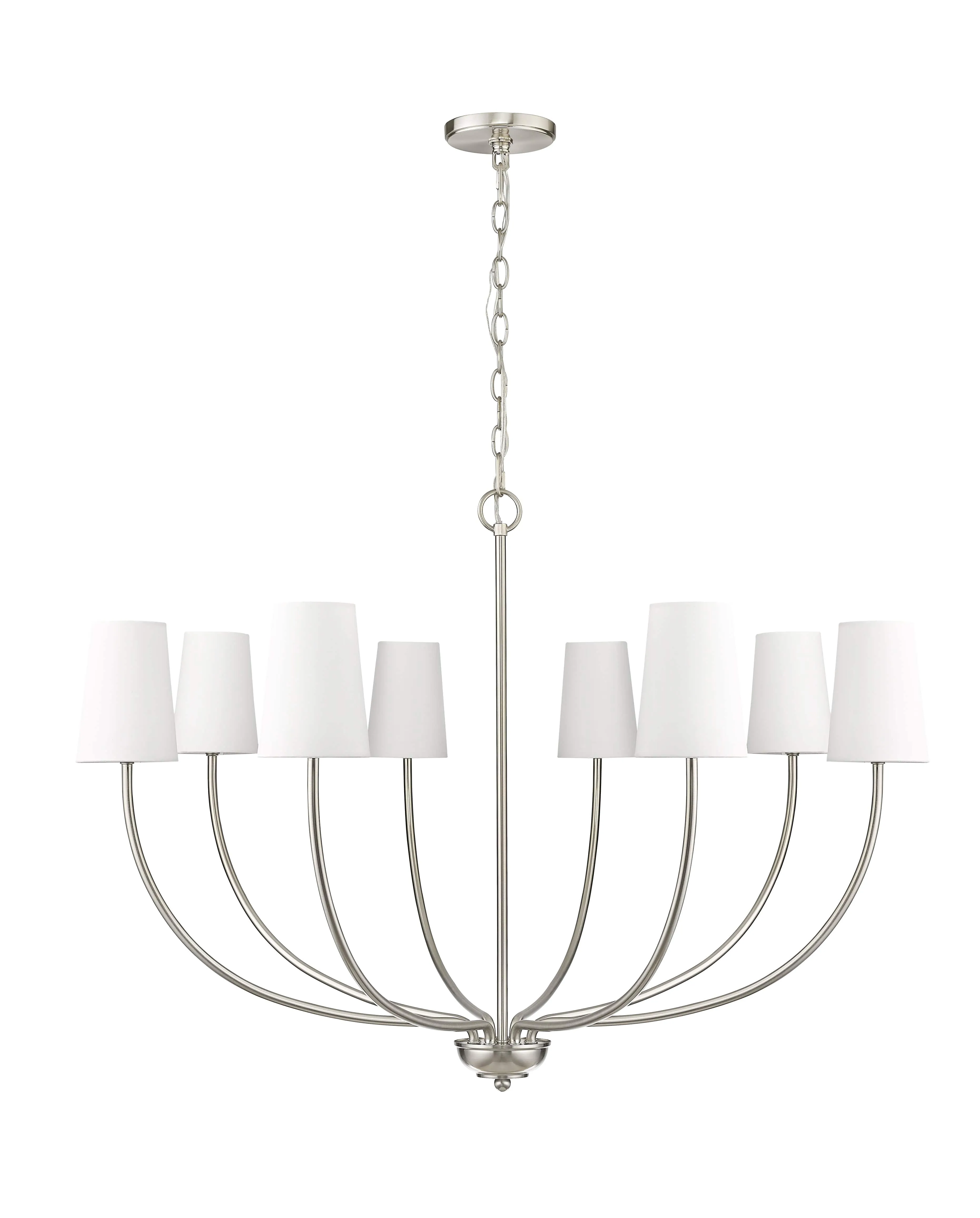 8 Lamps Kandor Chandelier - Brushed Nickel - White Fabric Shade - 38in Diameter - E12 Candelabra Base