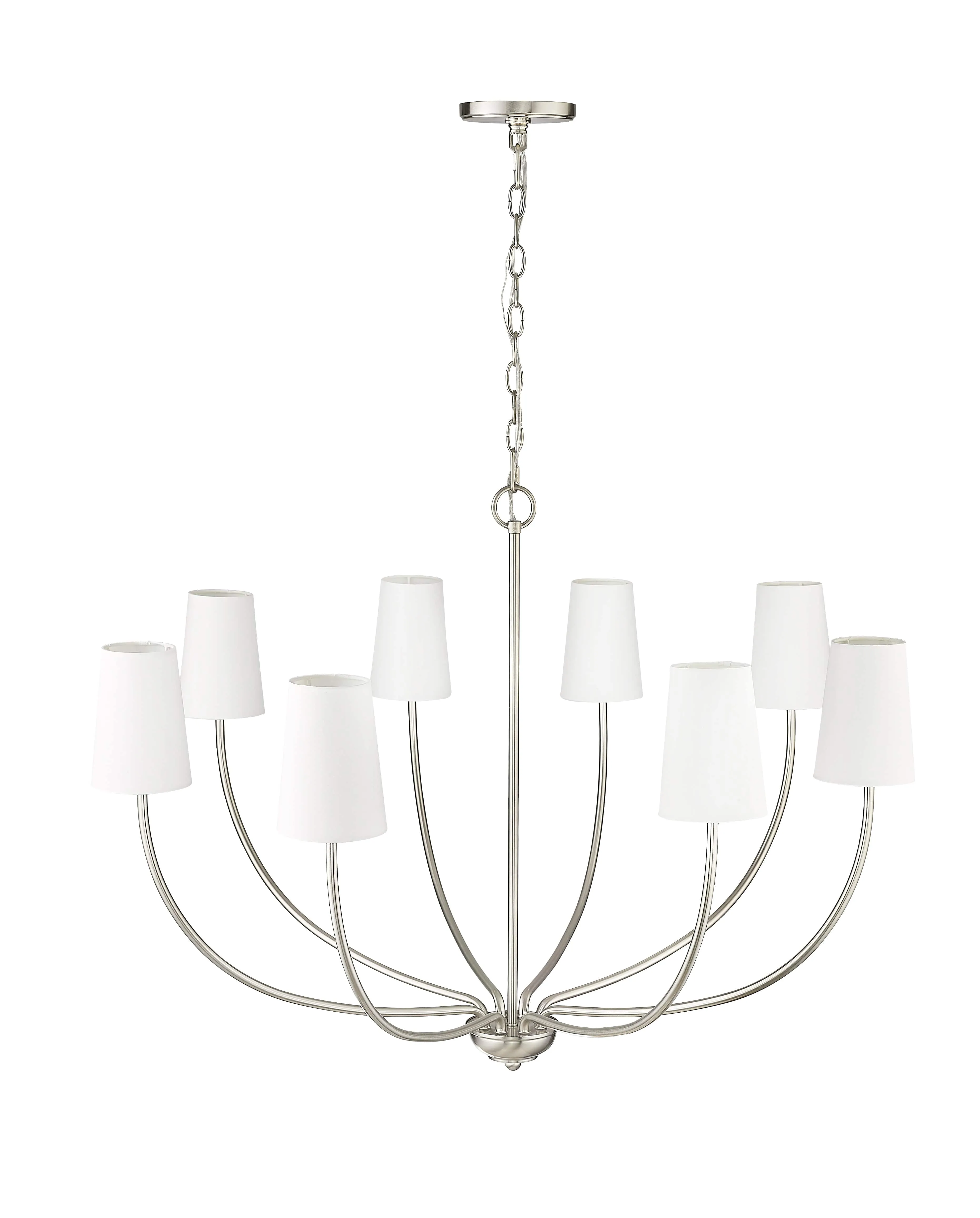 8 Lamps Kandor Chandelier - Brushed Nickel - White Fabric Shade - 38in Diameter - E12 Candelabra Base