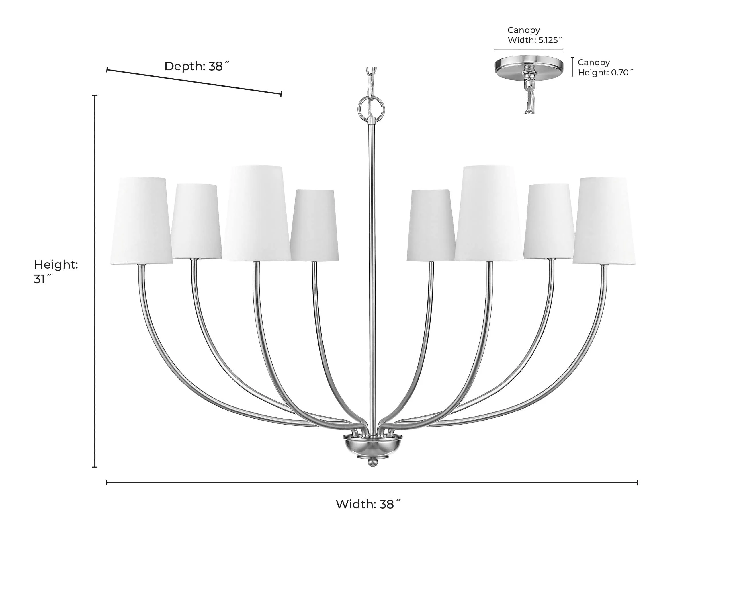8 Lamps Kandor Chandelier - Brushed Nickel - White Fabric Shade - 38in Diameter - E12 Candelabra Base