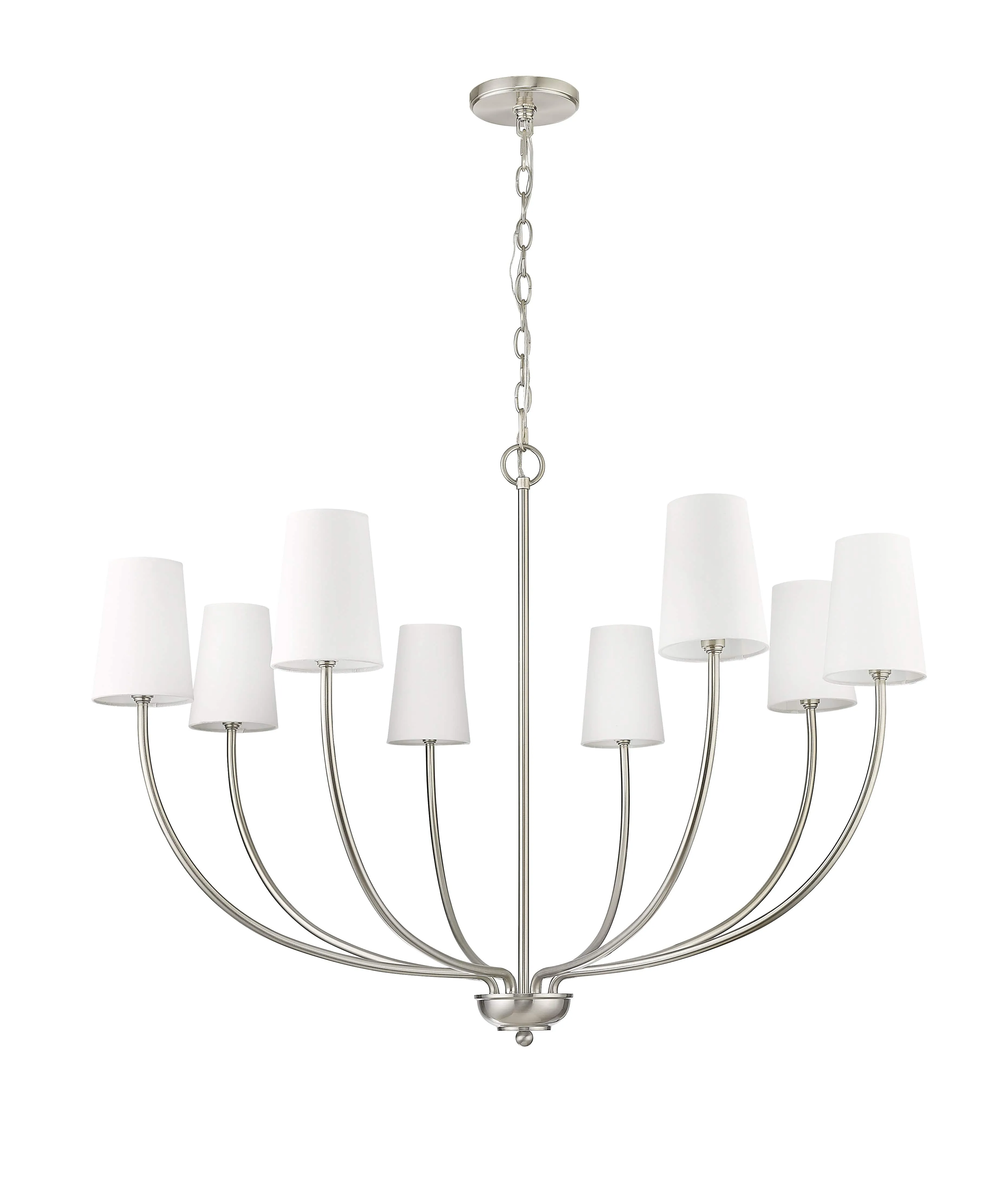 8 Lamps Kandor Chandelier - Brushed Nickel - White Fabric Shade - 38in Diameter - E12 Candelabra Base