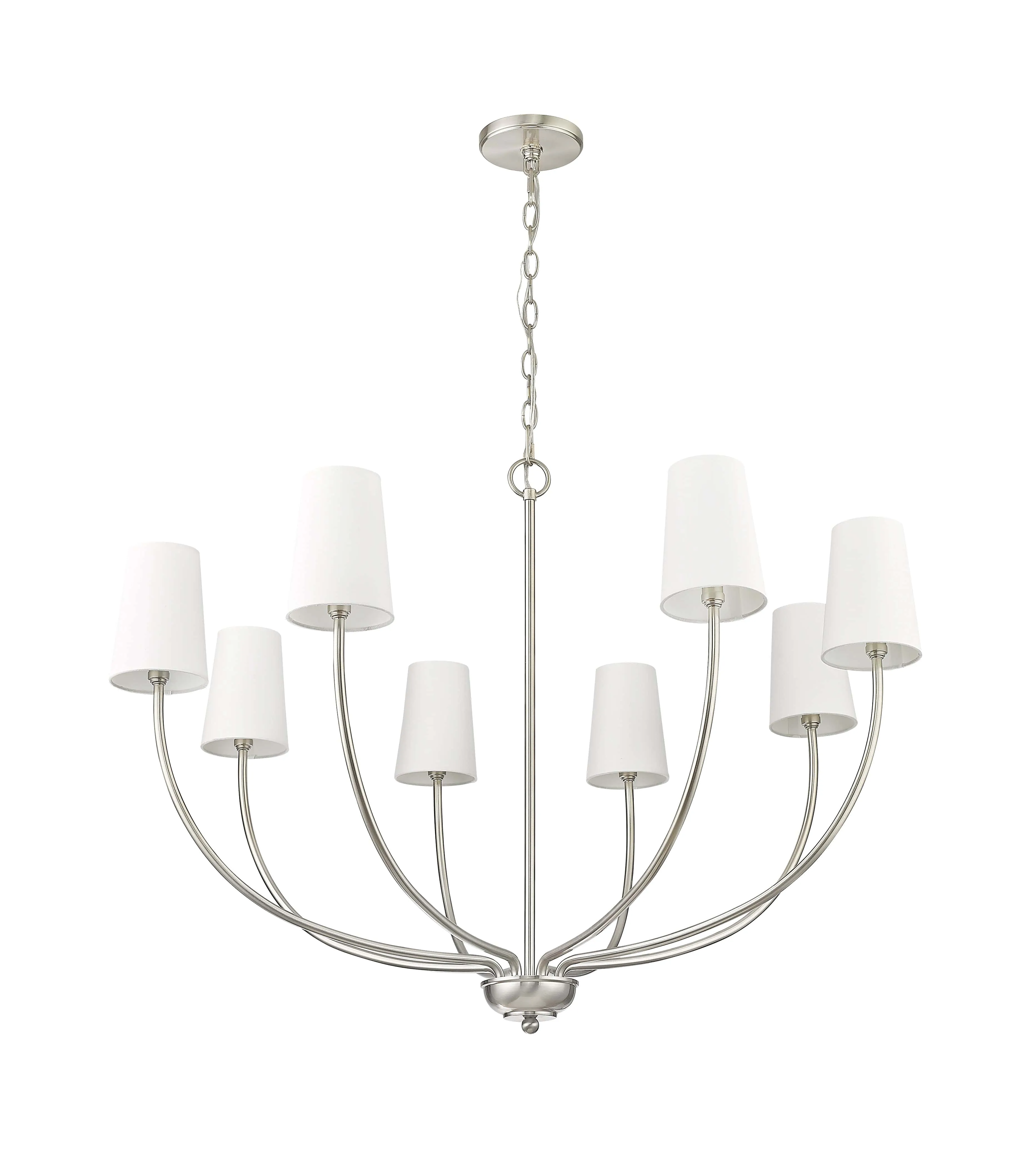 8 Lamps Kandor Chandelier - Brushed Nickel - White Fabric Shade - 38in Diameter - E12 Candelabra Base