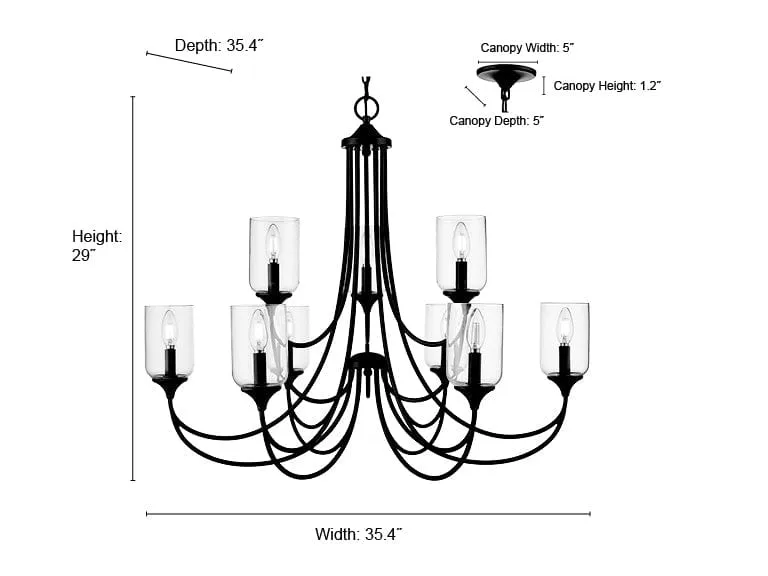 9 Lamps Waddingham Chandelier - Matte Black - 35.4in Diameter - E12 Candelabra Base