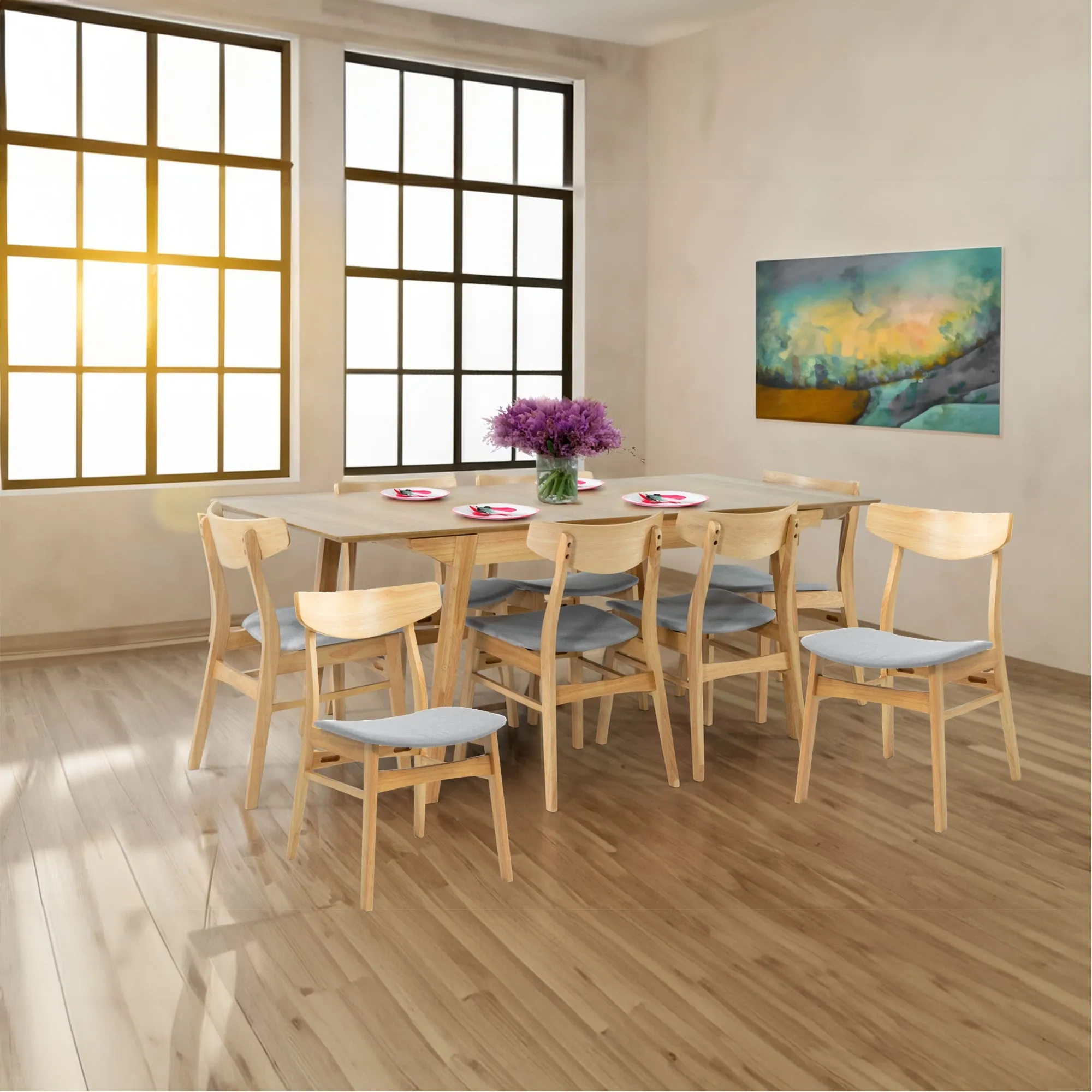9pc Extendable Dining Set, MDF Oak Veneer, Rubberwood Legs