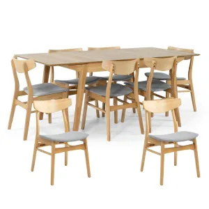 9pc Extendable Dining Set, MDF Oak Veneer, Rubberwood Legs