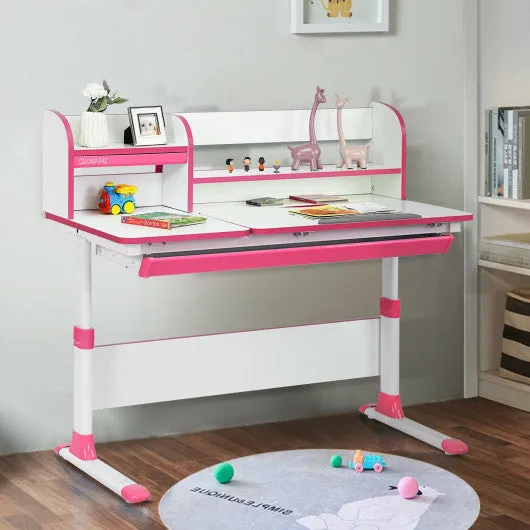 Adjustable Height Study Desk with Drawer and Tilted Desktop for School and Home-Pink