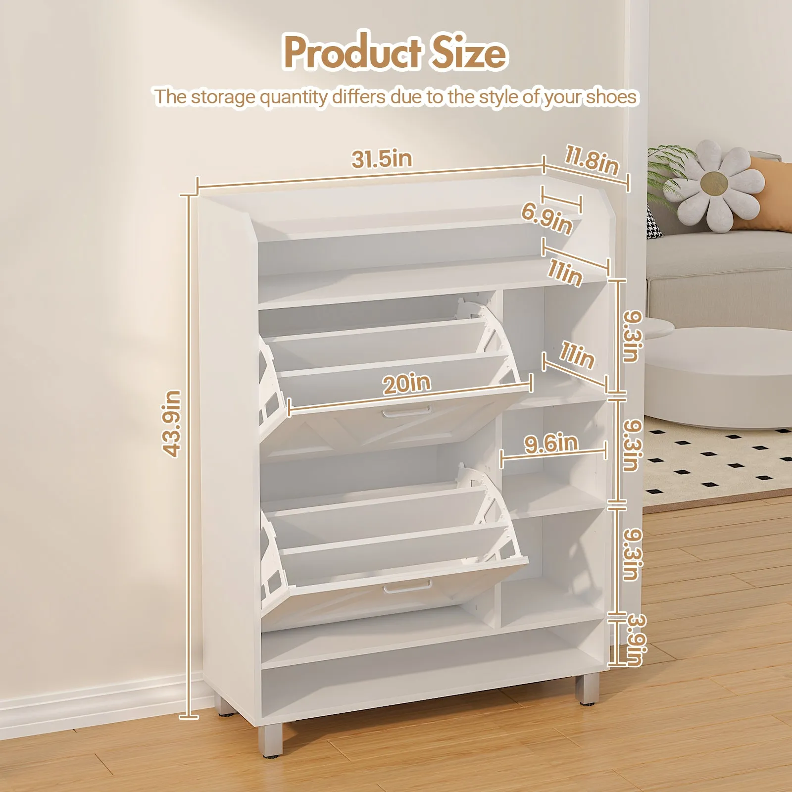 Advwin Shoe Storage Cabinet with 2 Flip Drawers