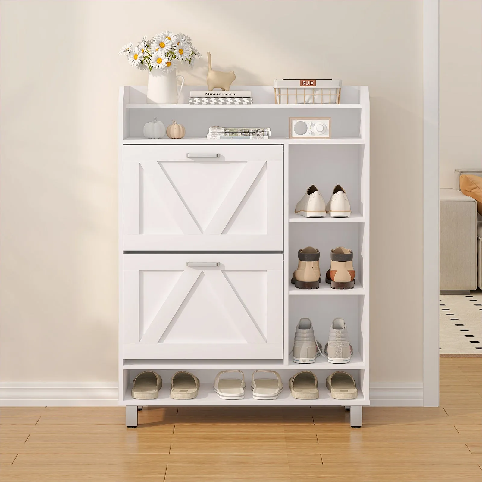 Advwin Shoe Storage Cabinet with 2 Flip Drawers