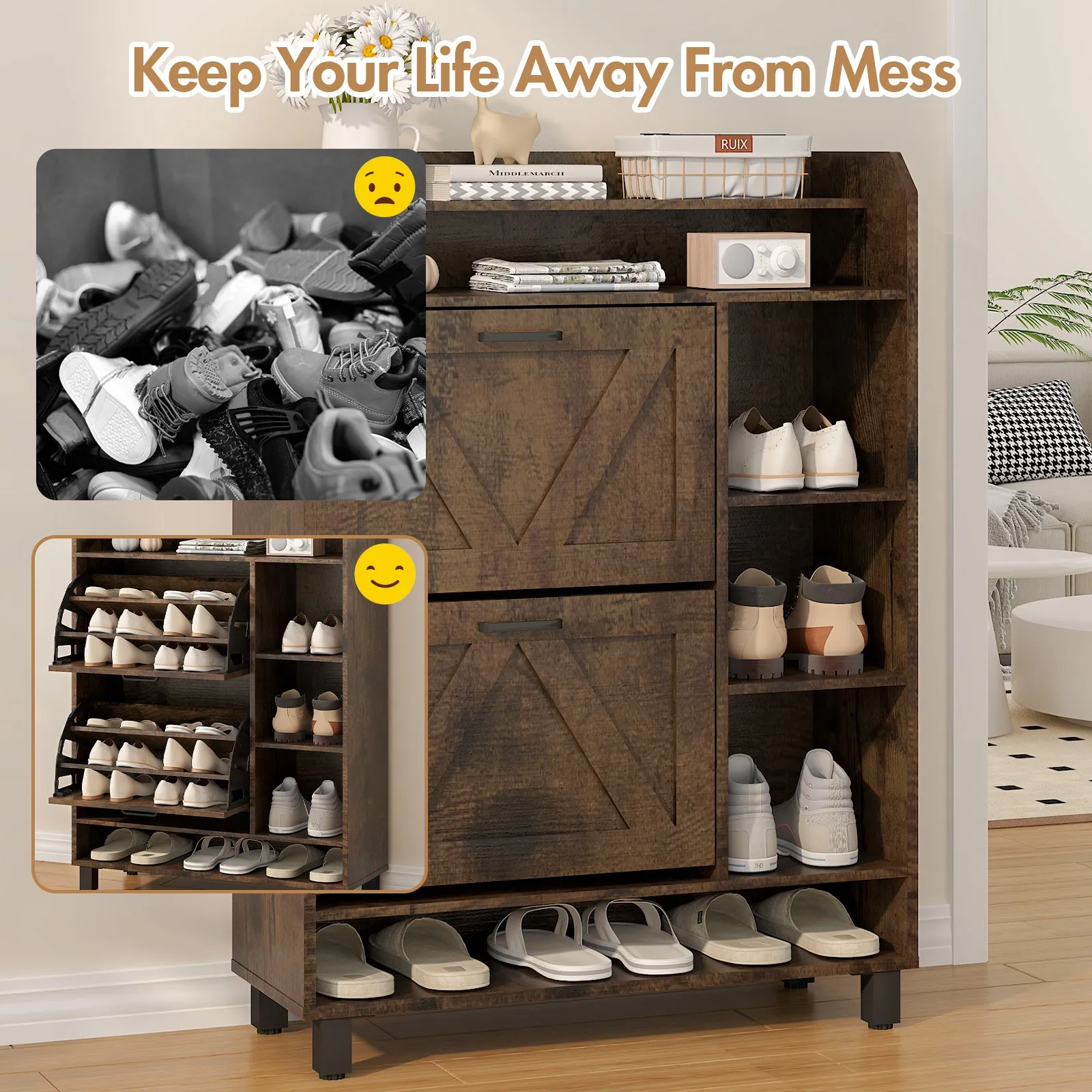 Advwin Shoe Storage Cabinet with 2 Flip Drawers