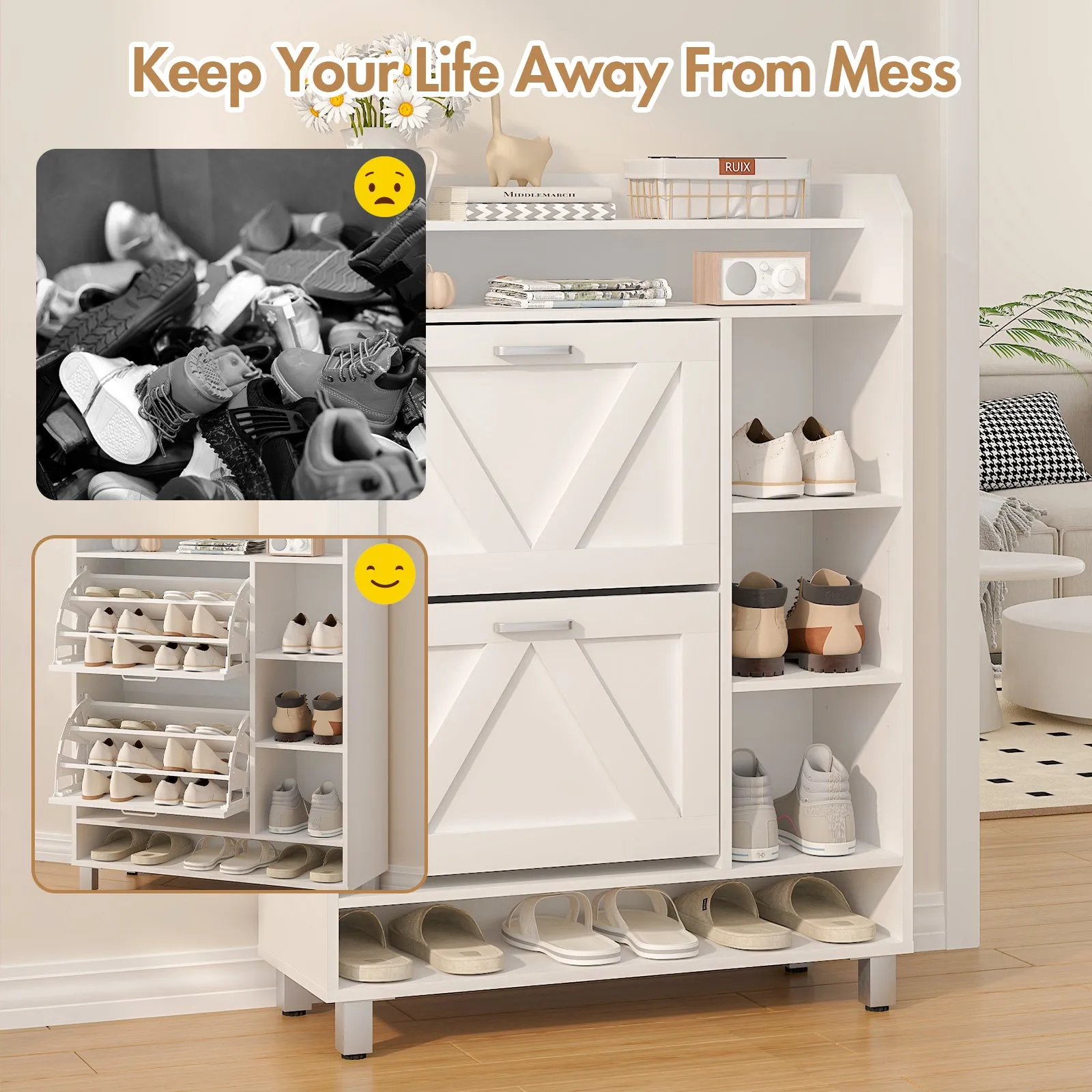 Advwin Shoe Storage Cabinet with 2 Flip Drawers