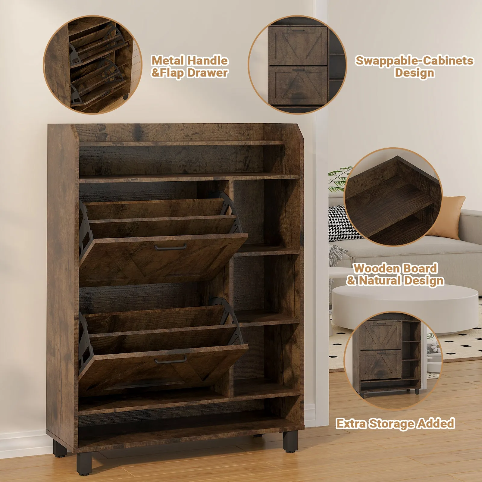 Advwin Shoe Storage Cabinet with 2 Flip Drawers