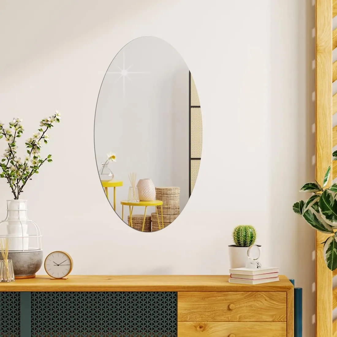 ALOKAH Oval Shape Adhesive Mirror Sticker for Wall on Tiles Bathroom Bedroom Living Room (B_1)