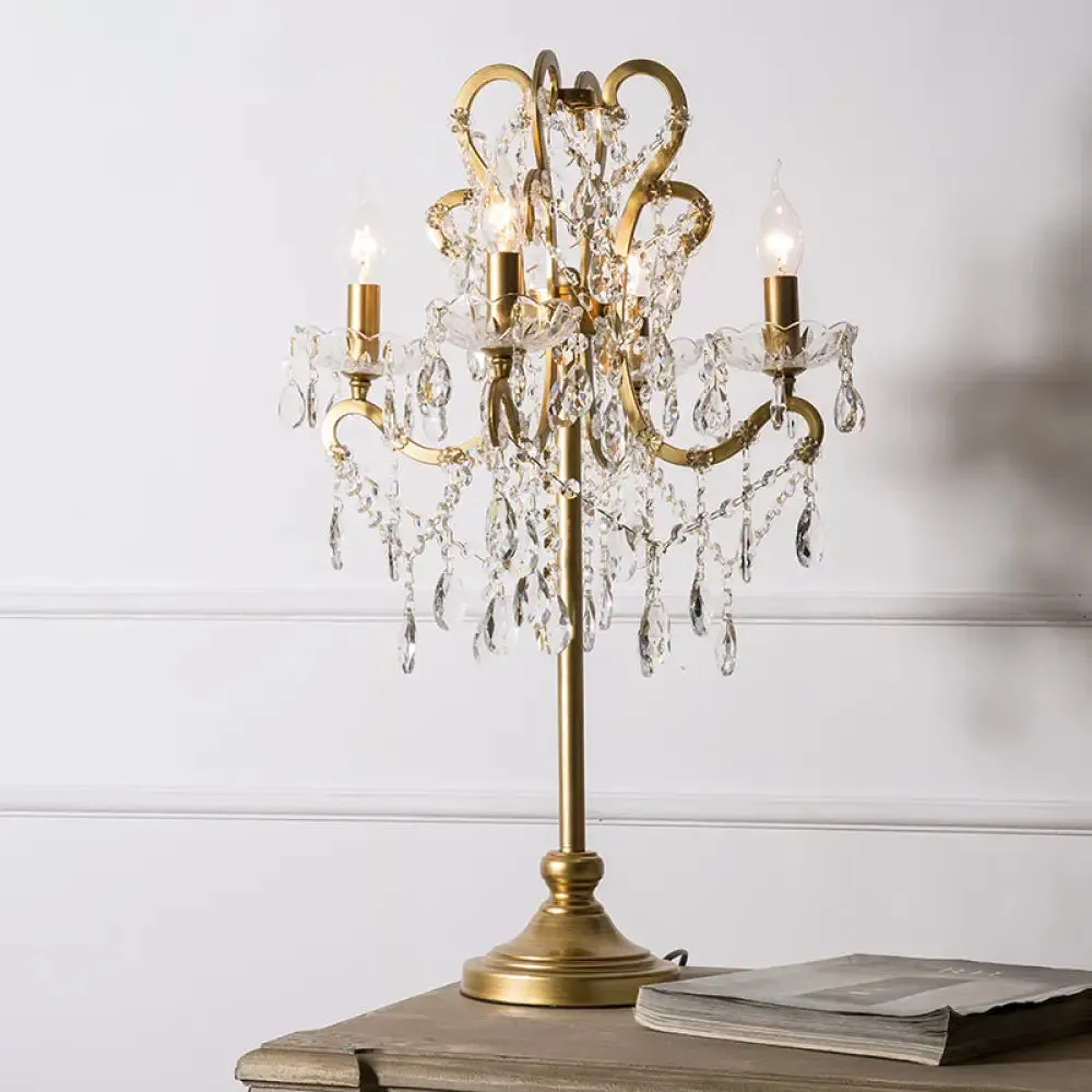 Antique Candle Nightstand Lamp - 4-Head Metallic Table Lighting with Crystal Bead Decor