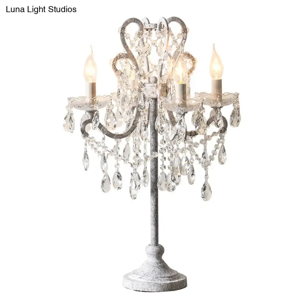 Antique Candle Nightstand Lamp - 4-Head Metallic Table Lighting with Crystal Bead Decor