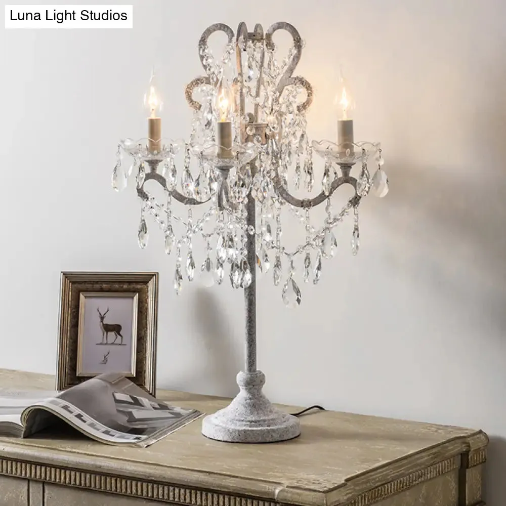 Antique Candle Nightstand Lamp - 4-Head Metallic Table Lighting with Crystal Bead Decor